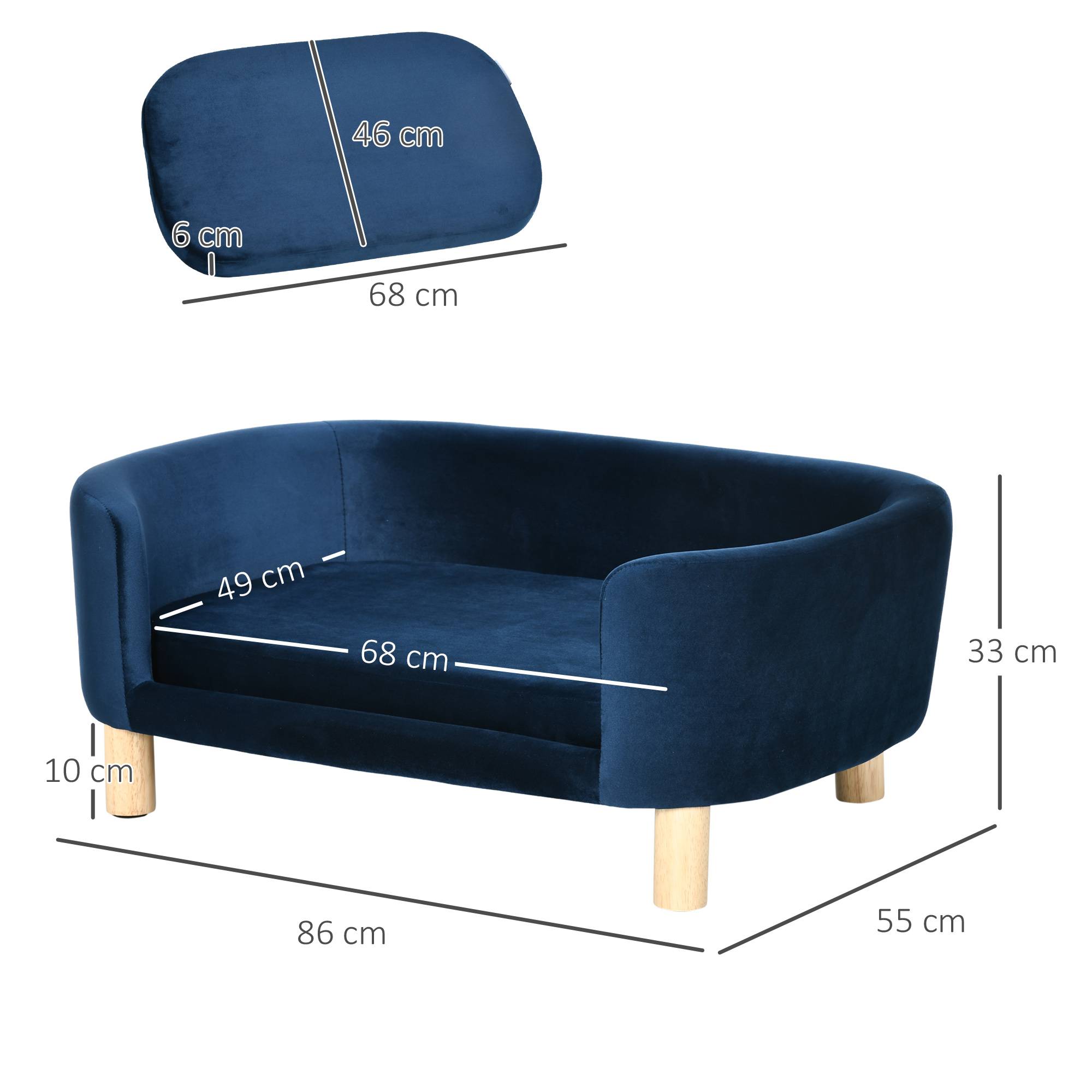 Canapé pour Chien en Velours sur Pieds Bois Lit Confortable avec Housse Lavable 86x55 cm Bleu - ComfortXL Outdoor Living - Image 5