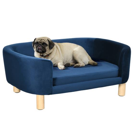 Canapé pour Chien en Velours sur Pieds Bois Lit Confortable avec Housse Lavable 86x55 cm Bleu - ComfortXL Outdoor Living - Image 1