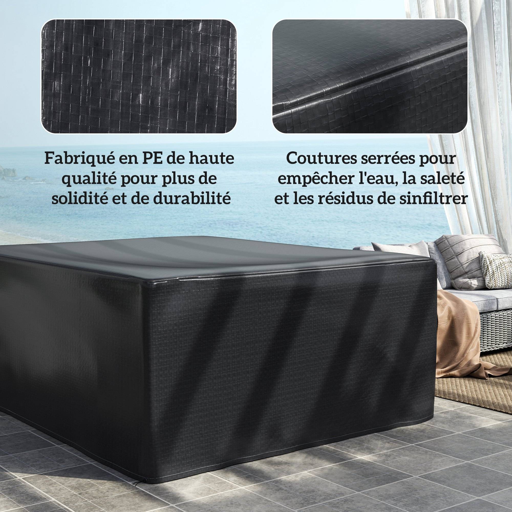 Housse salon de jardin extérieure bâche de protection extérieure anti-UV en polyéthylène 235 x 190 x 90 cm noir - Image 7