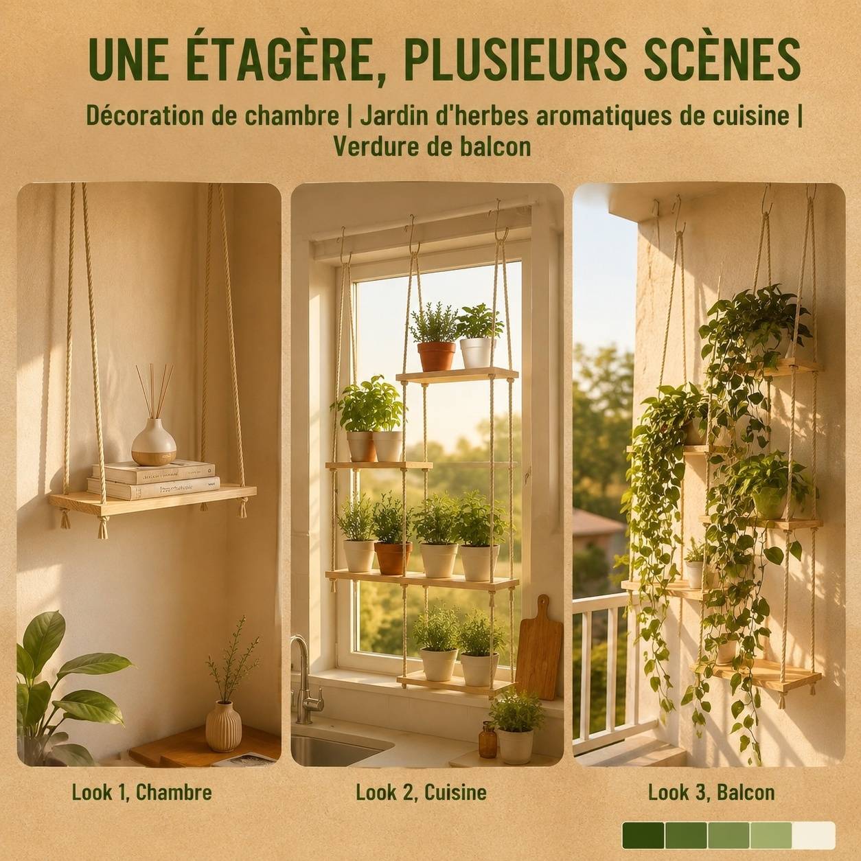 Support Plante Suspendu 5 Niveaux Bois Corde Réglable Économiseur d'Espace Sans Perçage - Image 7
