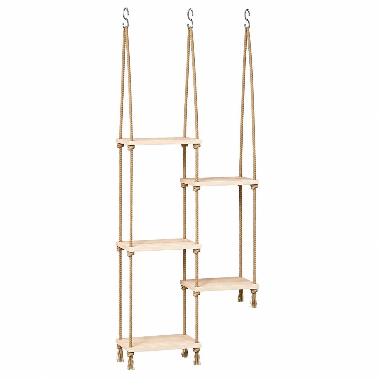 Support Plante Suspendu 5 Niveaux Bois Corde Réglable Économiseur d'Espace Sans Perçage - Image 1