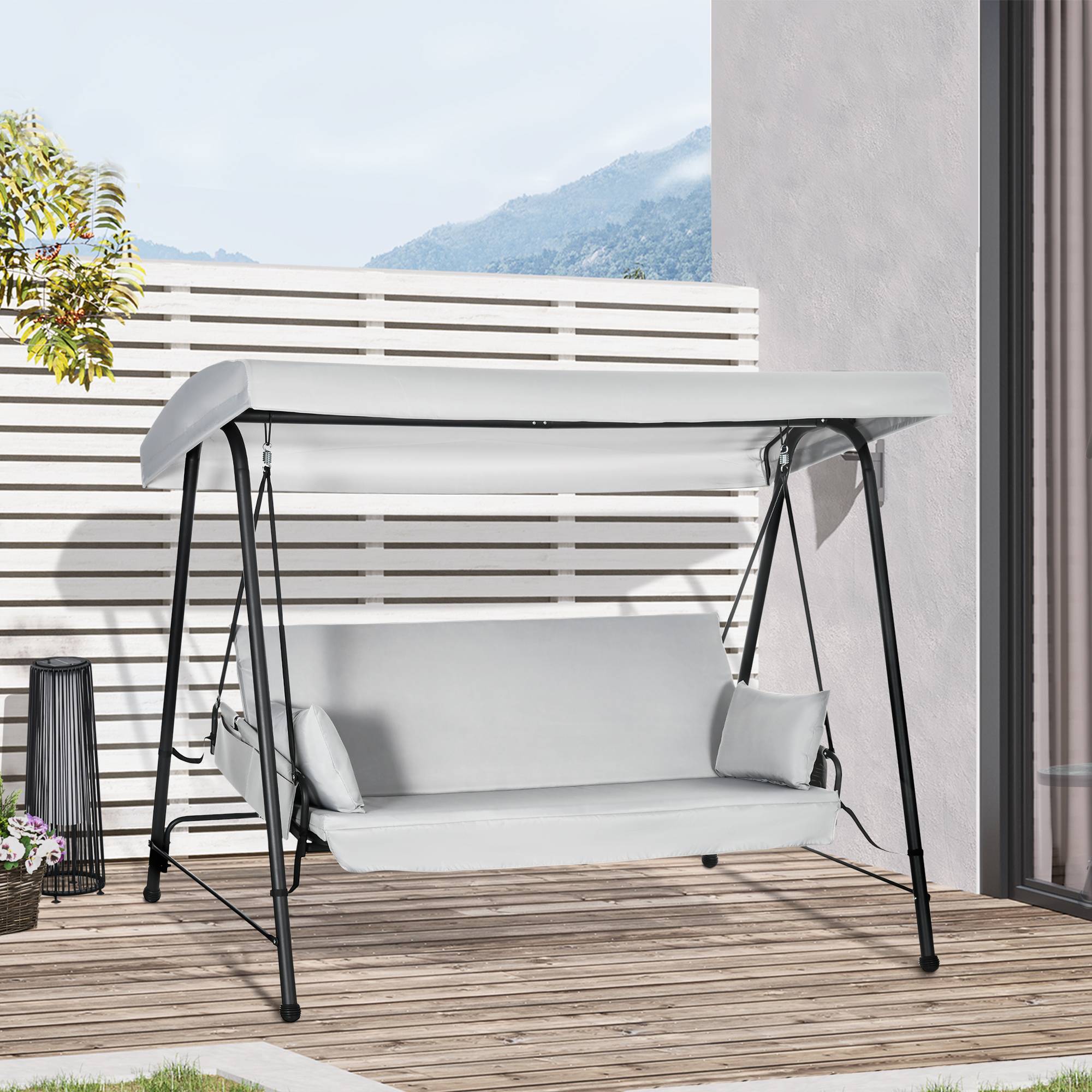 Outsunny - Balancelle de jardin 3 places convertible auvent réglable épais coussins amovibles polyester acier époxy gris clair - Outsunny - Imagen 2