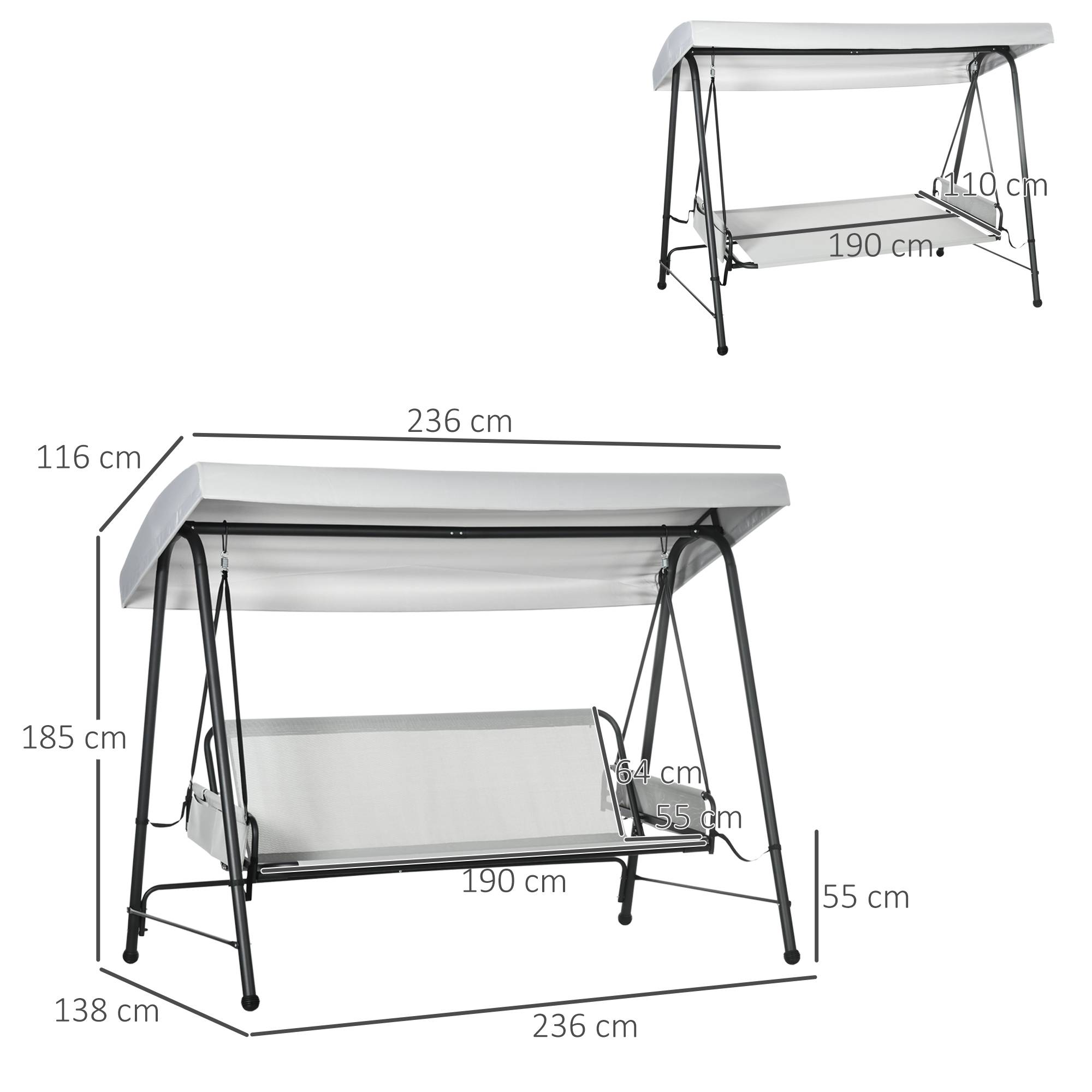 Outsunny - Balancelle de jardin 3 places convertible auvent réglable épais coussins amovibles polyester acier époxy gris clair - Outsunny - Imagen 3