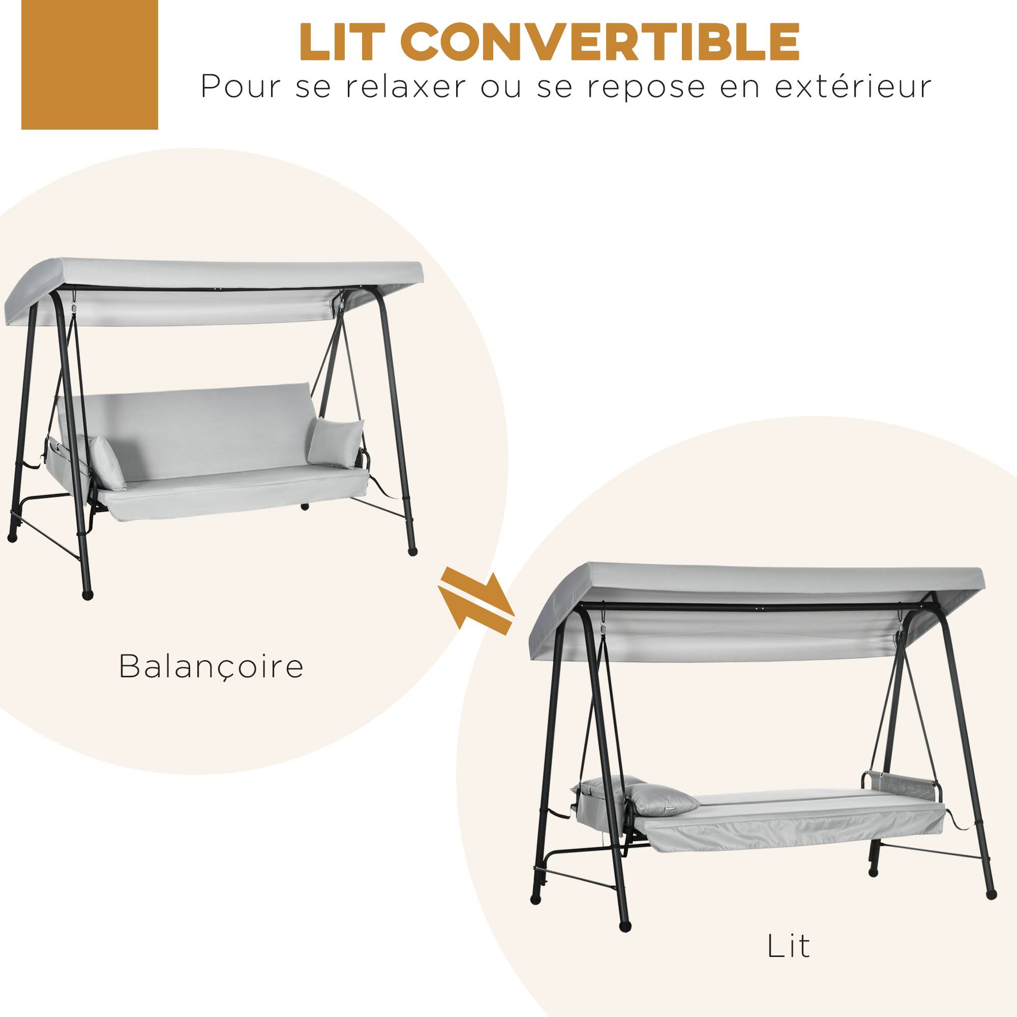 Outsunny - Balancelle de jardin 3 places convertible auvent réglable épais coussins amovibles polyester acier époxy gris clair - Outsunny - Imagen 4