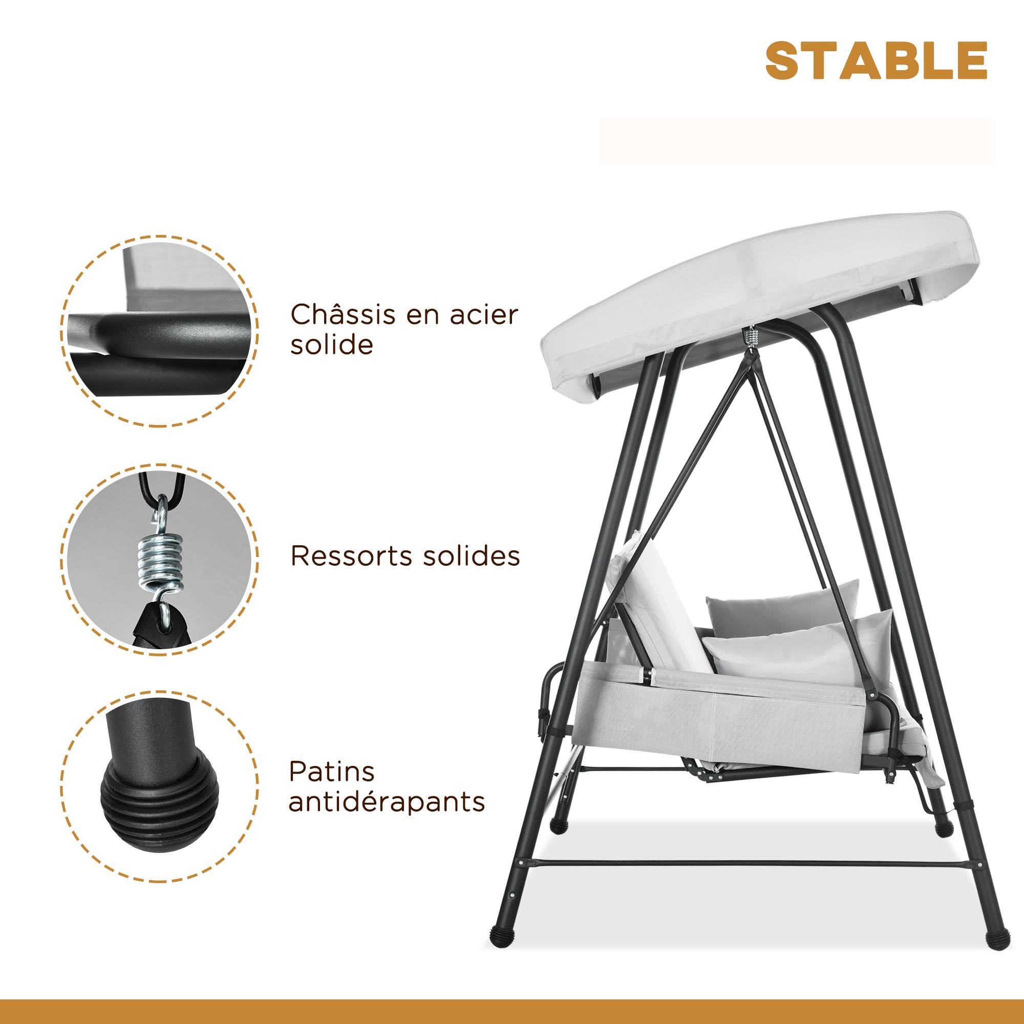 Outsunny - Balancelle de jardin 3 places convertible auvent réglable épais coussins amovibles polyester acier époxy gris clair - Outsunny - Imagen 5
