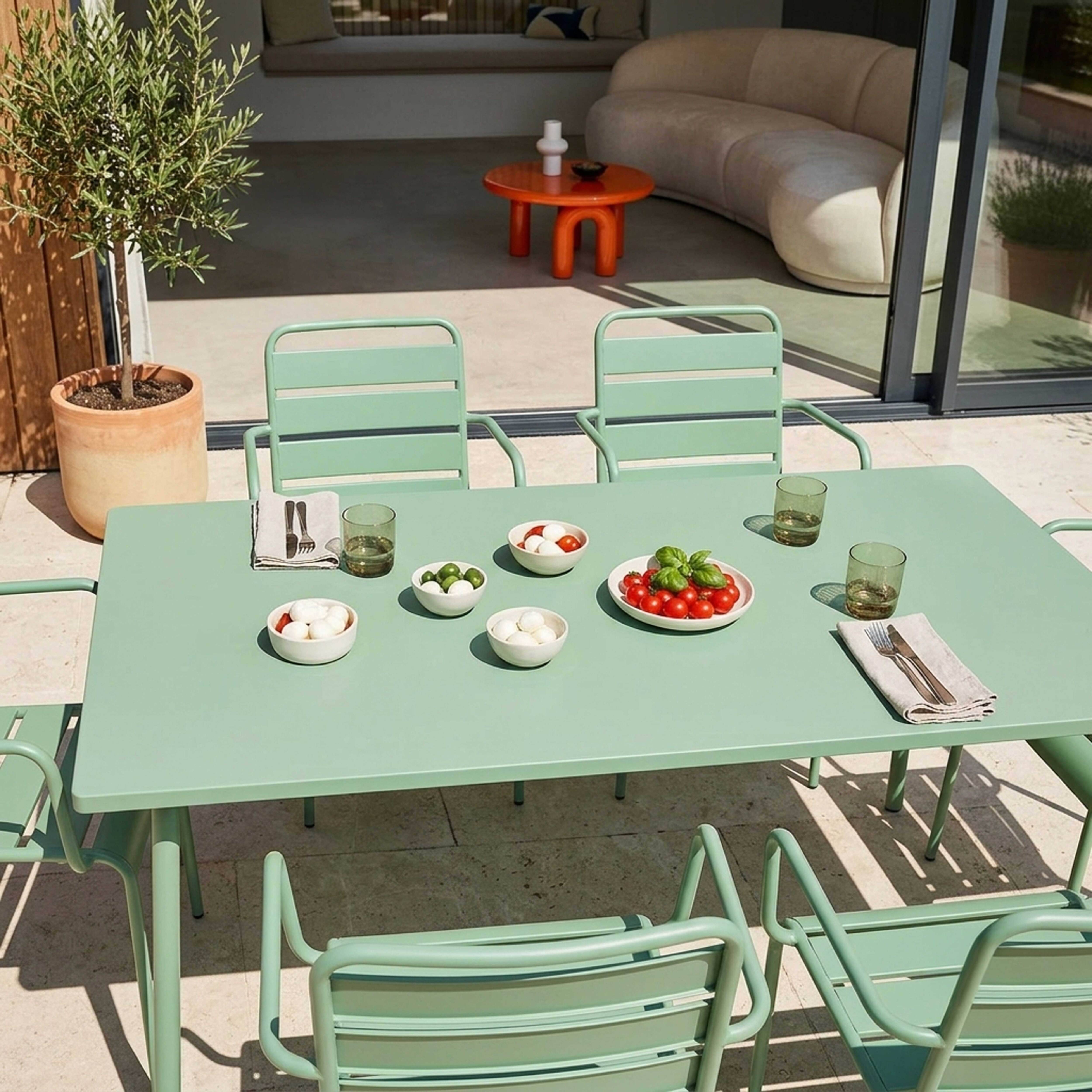 Oviala - Ensemble table de jardin et 6 fauteuils en métal vert sauge Palavas - Oviala - Imagen 3