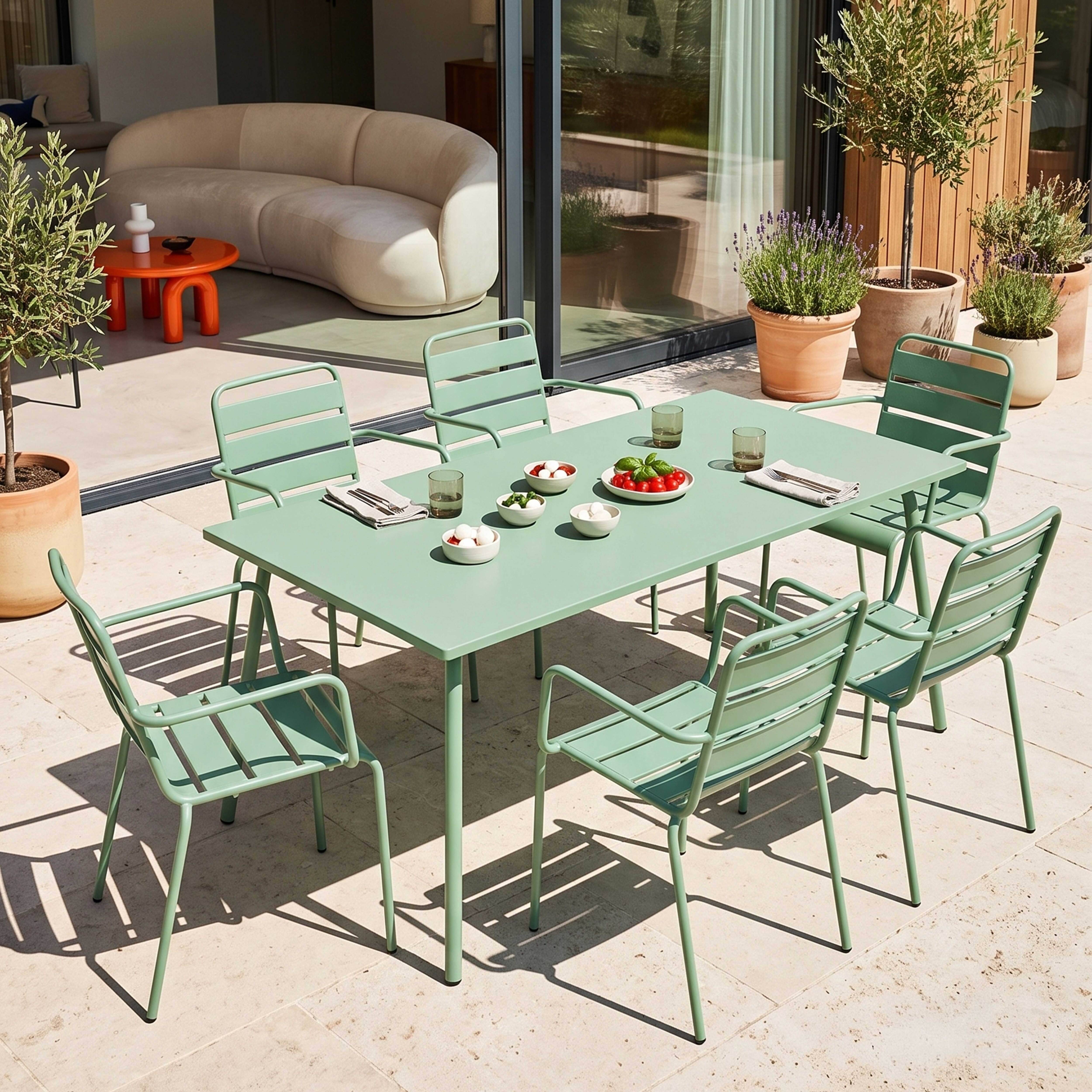 Oviala - Ensemble table de jardin et 6 fauteuils en métal vert sauge Palavas - Oviala - Imagen 2