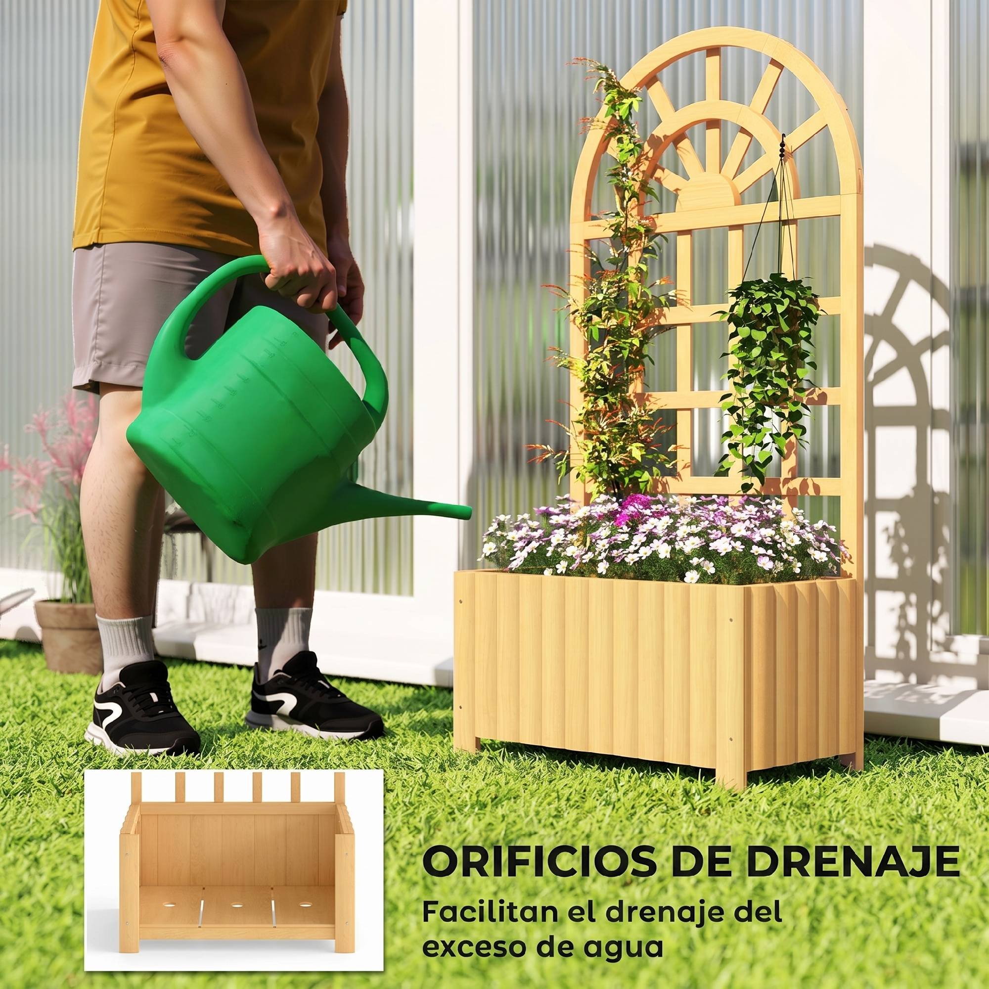 Jardinière treillis en bois avec drainage pour la culture de légumes, fleurs et herbes aromatiques, 60 x 30 x 120 cm, naturelle - Image 8