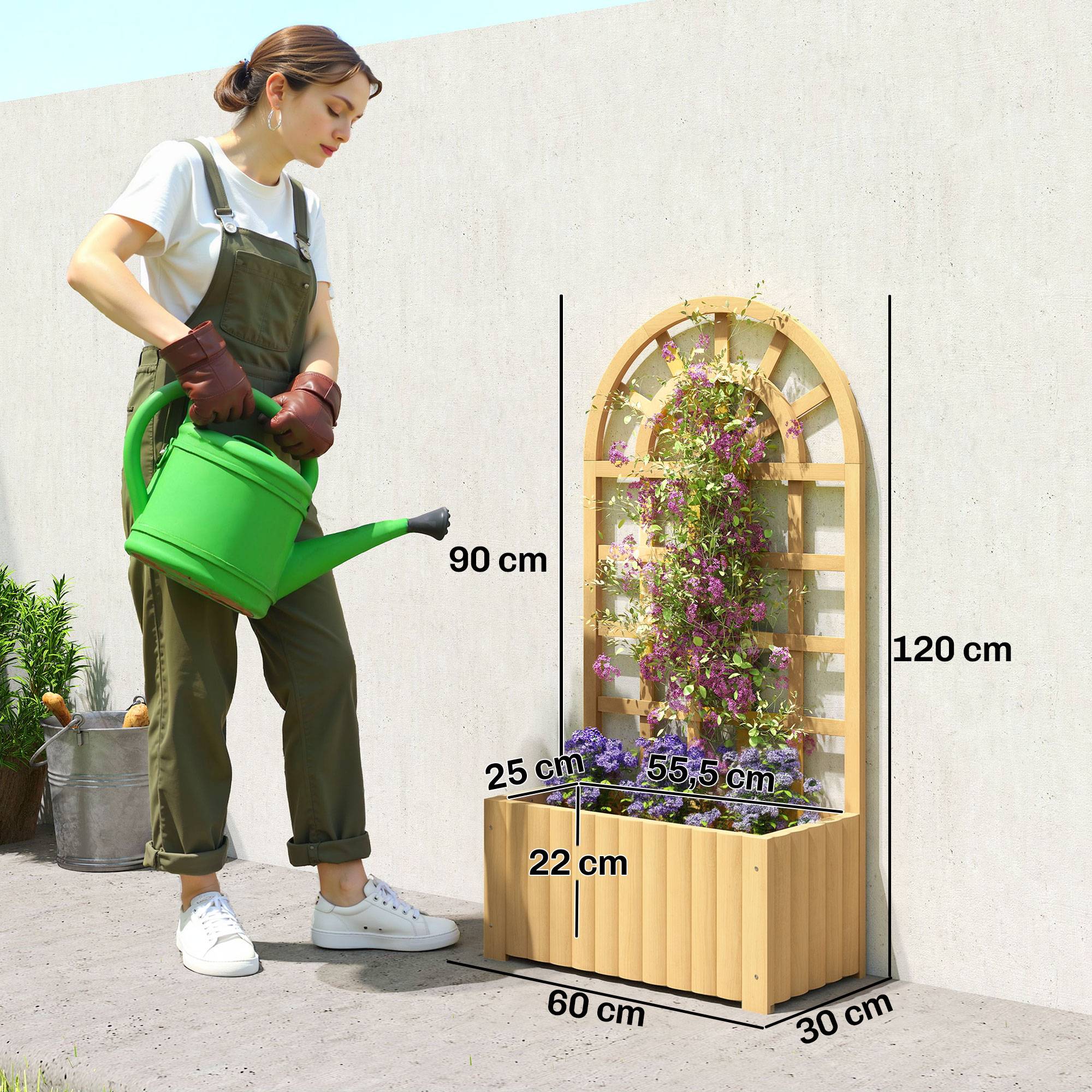 Jardinière treillis en bois avec drainage pour la culture de légumes, fleurs et herbes aromatiques, 60 x 30 x 120 cm, naturelle - Image 5
