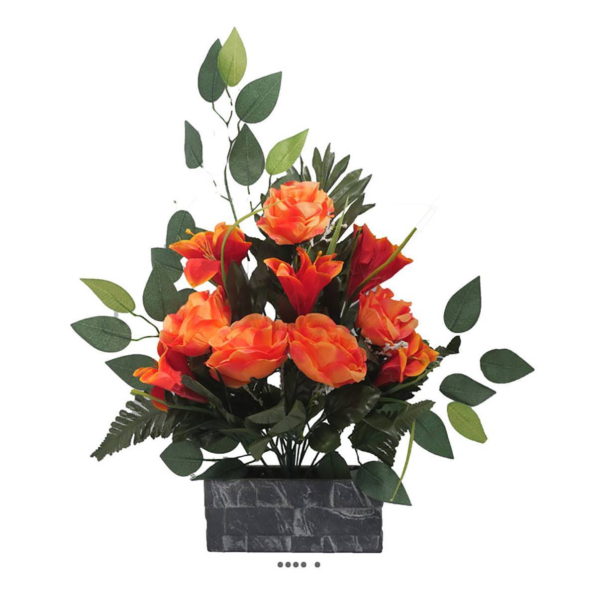 Artificielles - Jardinière fleurs artificielles cimetière roses, lys et ficus Orange - couleur: Orange 660 - Imagen 1