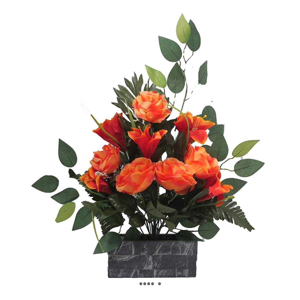 Artificielles - Jardinière fleurs artificielles cimetière roses, lys et ficus Orange - couleur: Orange 660 - Imagen 2