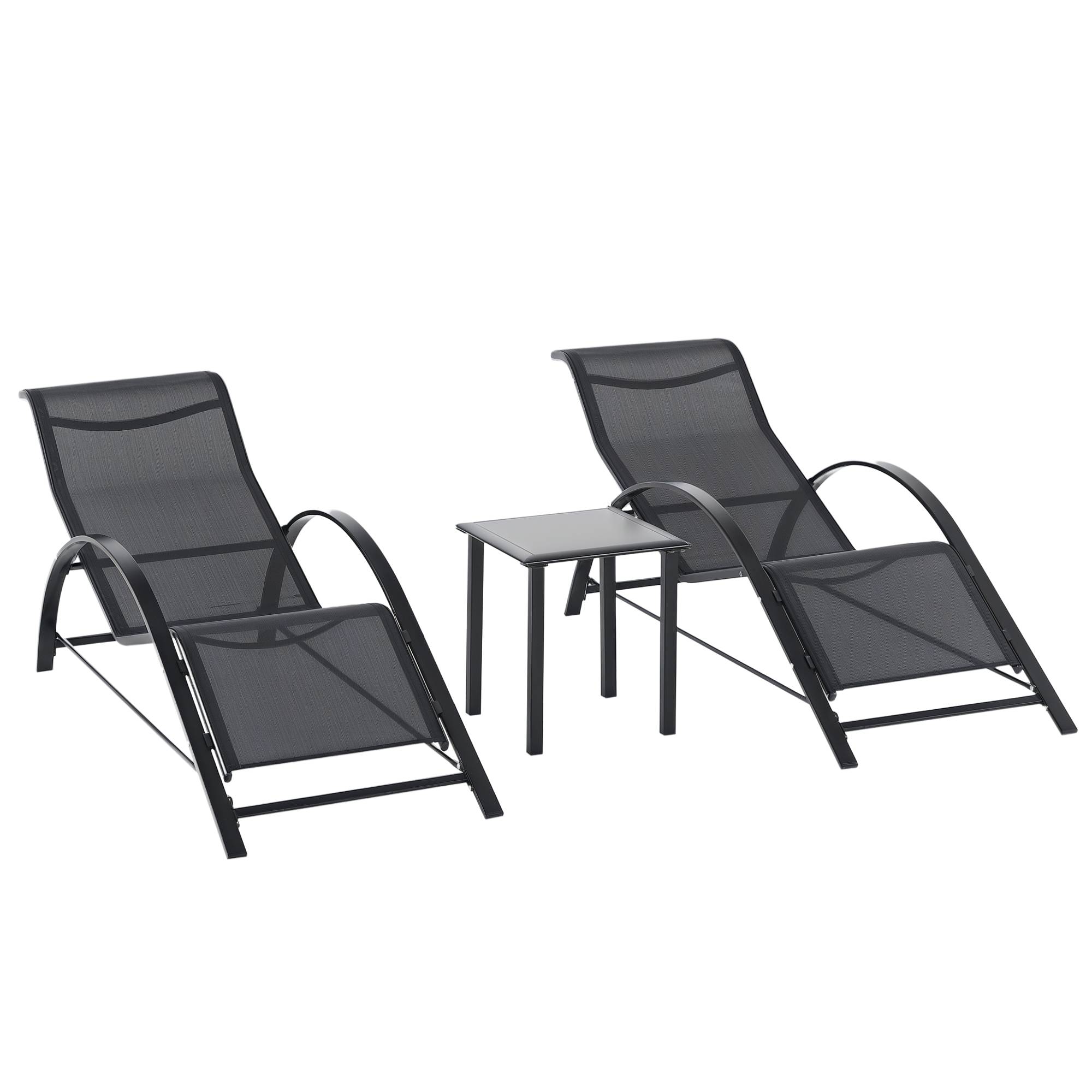 Sans Marque - Lot de 2 bains de soleil chaise longue design contemporain table basse plateau verre trempé textileène noir - Image 1