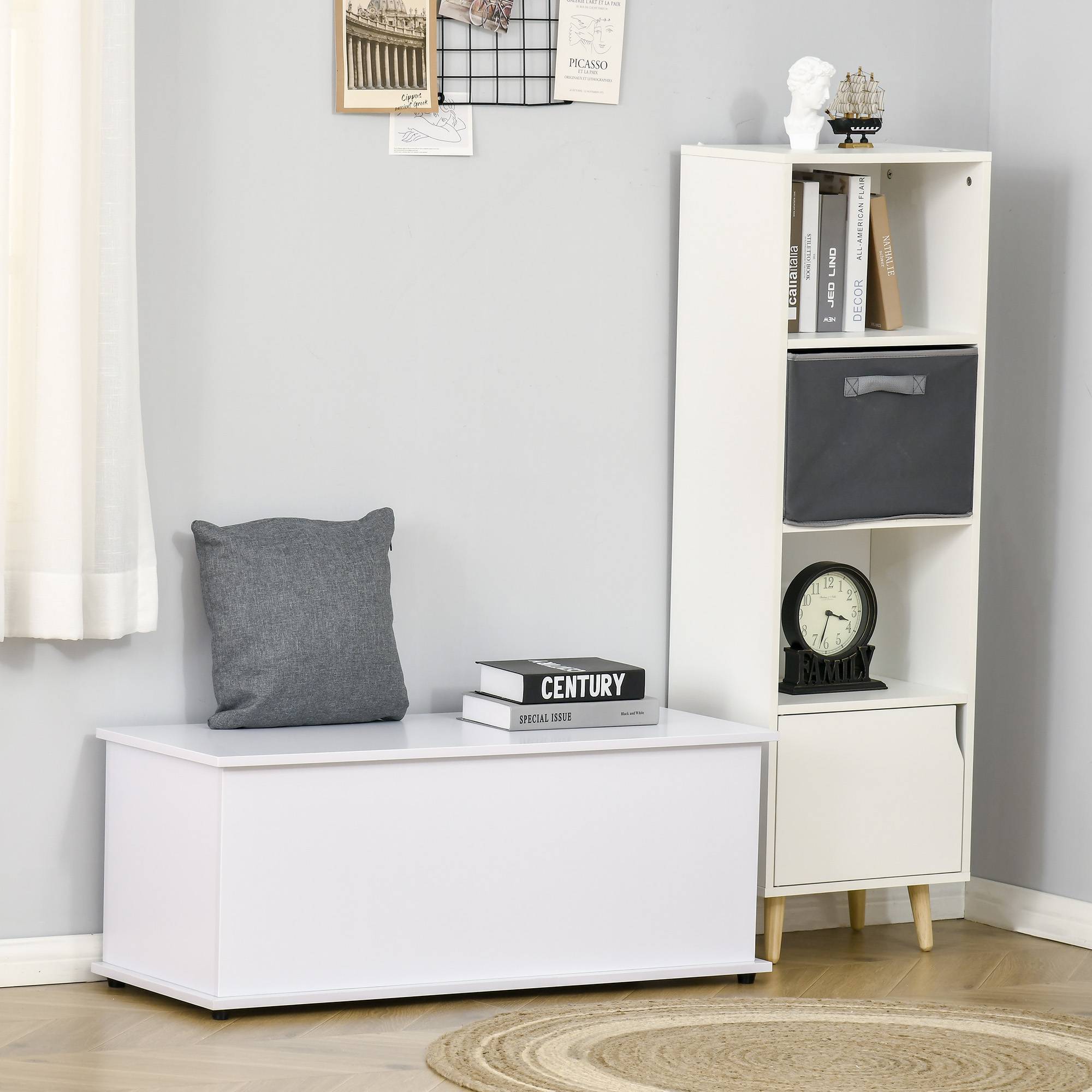 Coffre rangement bois blanc avec couvercle, banc multifonction capacité 120 kg entrée chambre 100x40x40 cm - Image 3