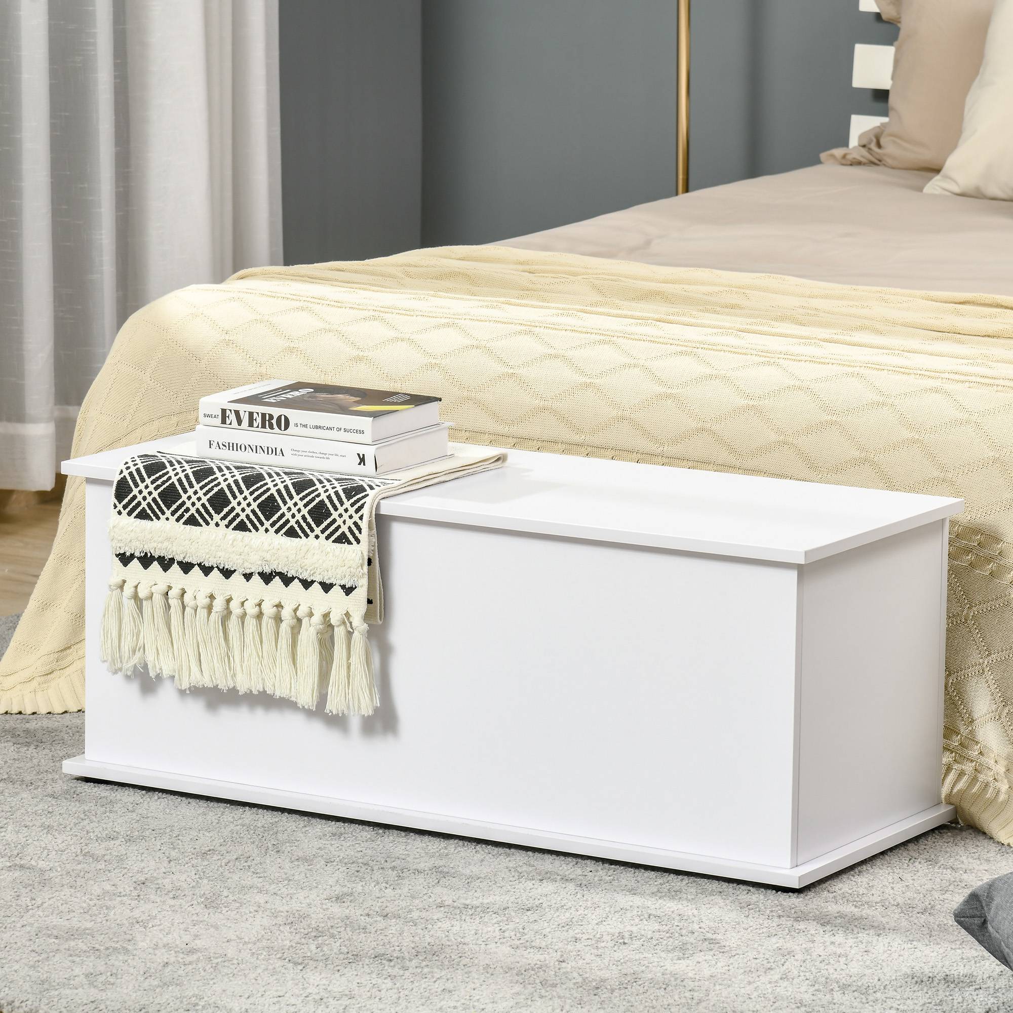 Coffre rangement bois blanc avec couvercle, banc multifonction capacité 120 kg entrée chambre 100x40x40 cm - Image 4