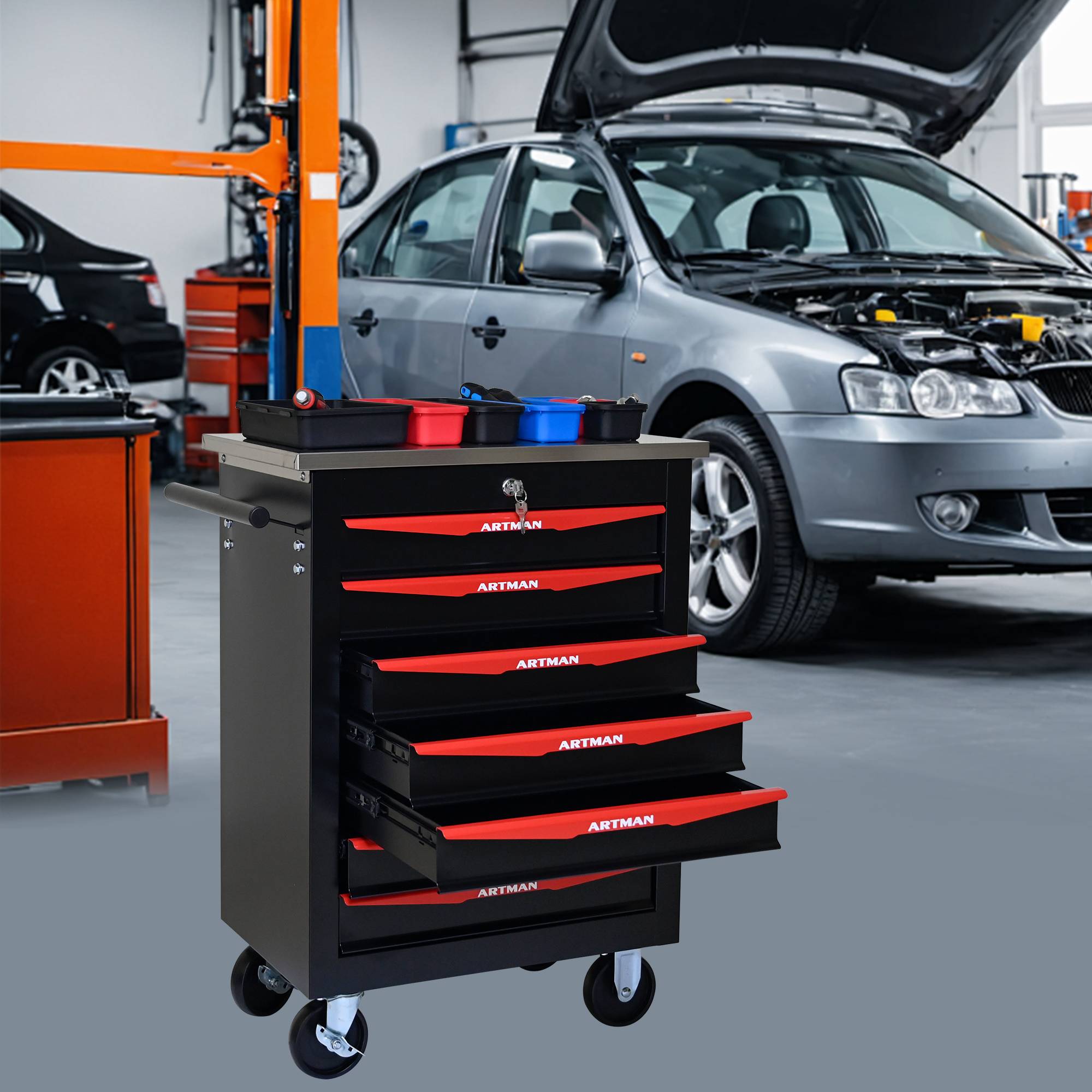 ComfortXL - Servante d'atelier Acier Garage 7 Tiroirs Verrouillable Sur Roulettes Noir/Rouge - ComfortXL Outdoor Living
