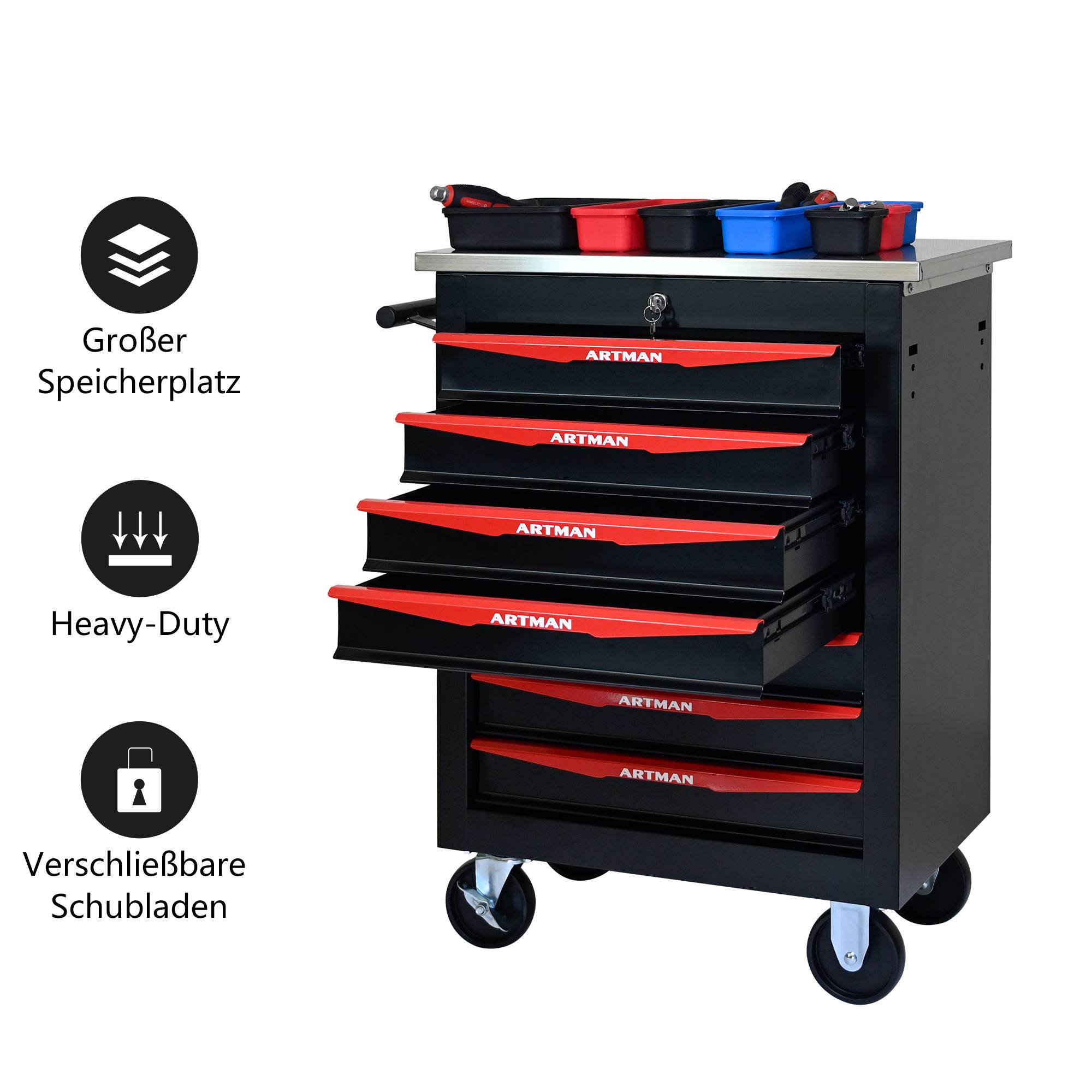Servante d'atelier Acier Garage 7 Tiroirs Verrouillable Sur Roulettes Noir/Rouge - ComfortXL Outdoor Living - Image 7