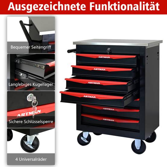 Servante d'atelier Acier Garage 7 Tiroirs Verrouillable Sur Roulettes Noir/Rouge - ComfortXL Outdoor Living - Image 5