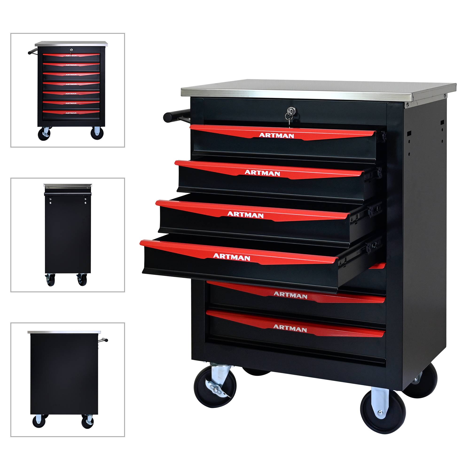 Servante d'atelier Acier Garage 7 Tiroirs Verrouillable Sur Roulettes Noir/Rouge - ComfortXL Outdoor Living - Image 2