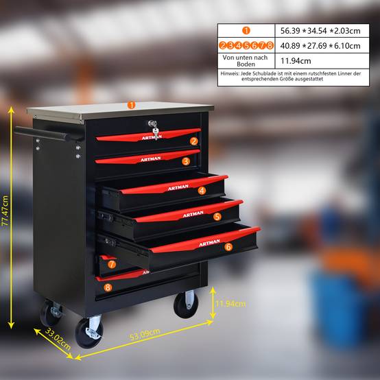 Servante d'atelier Acier Garage 7 Tiroirs Verrouillable Sur Roulettes Noir/Rouge - ComfortXL Outdoor Living - Image 3
