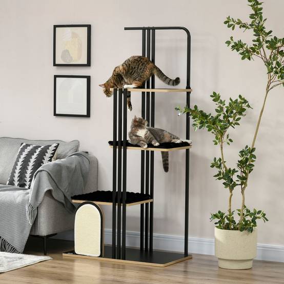 Arbre à chat industriel, 3 plateformes, 2 coussins, mur à griffer, acier, noir, 85 x 48 x 170 cm - Image 3