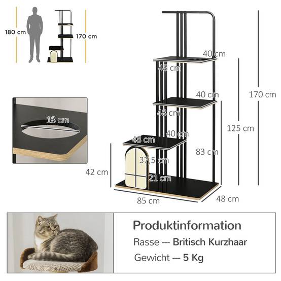 Arbre à chat industriel, 3 plateformes, 2 coussins, mur à griffer, acier, noir, 85 x 48 x 170 cm - Image 5