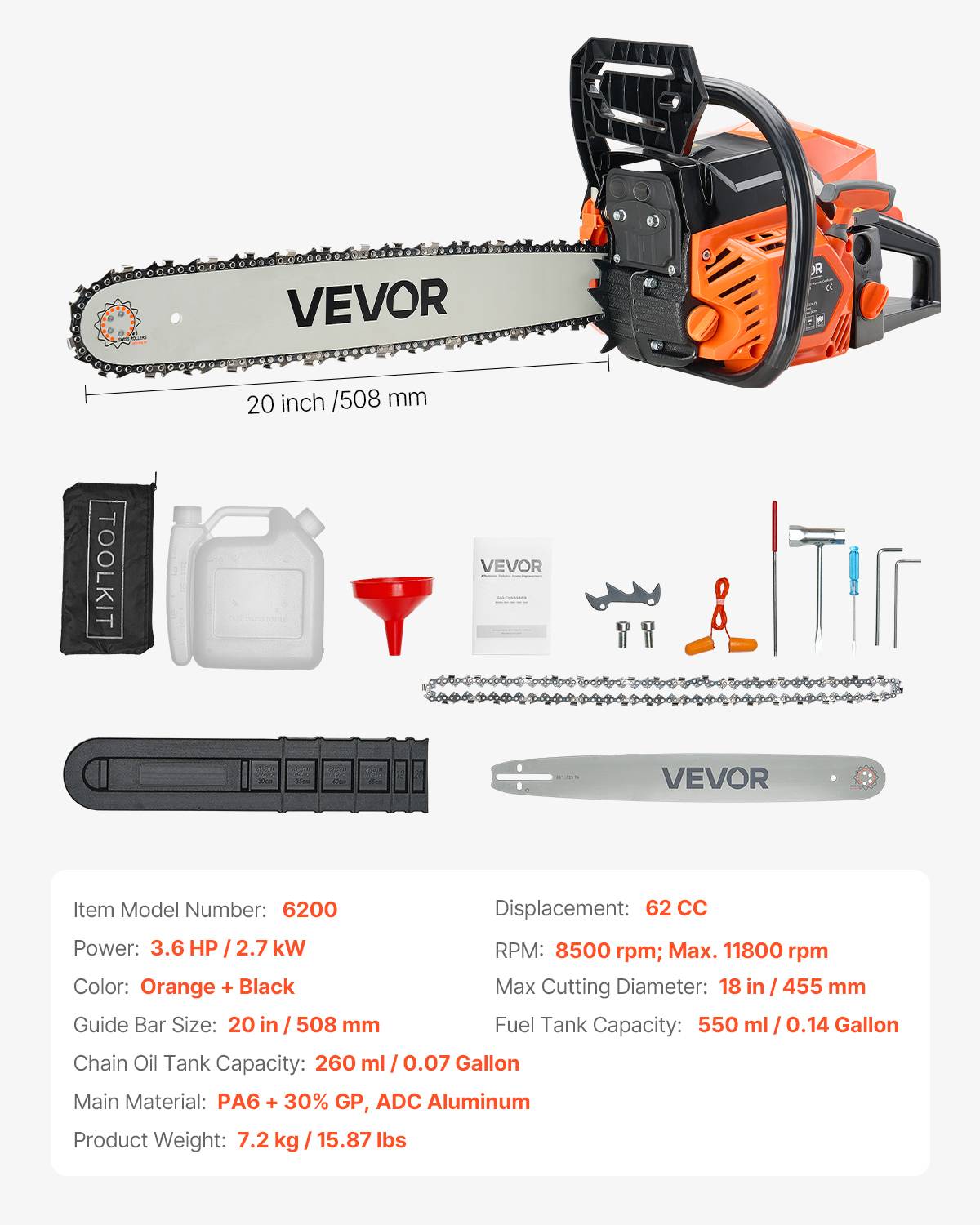 VEVOR Tronçonneuse essence 508 mm, 62 cc, 2,7 kW. Double réservoir carburant. - Image 7