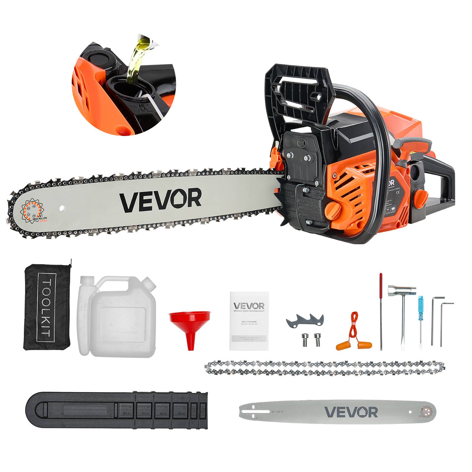 VEVOR Tronçonneuse essence 508 mm, 62 cc, 2,7 kW. Double réservoir carburant. - Image 1