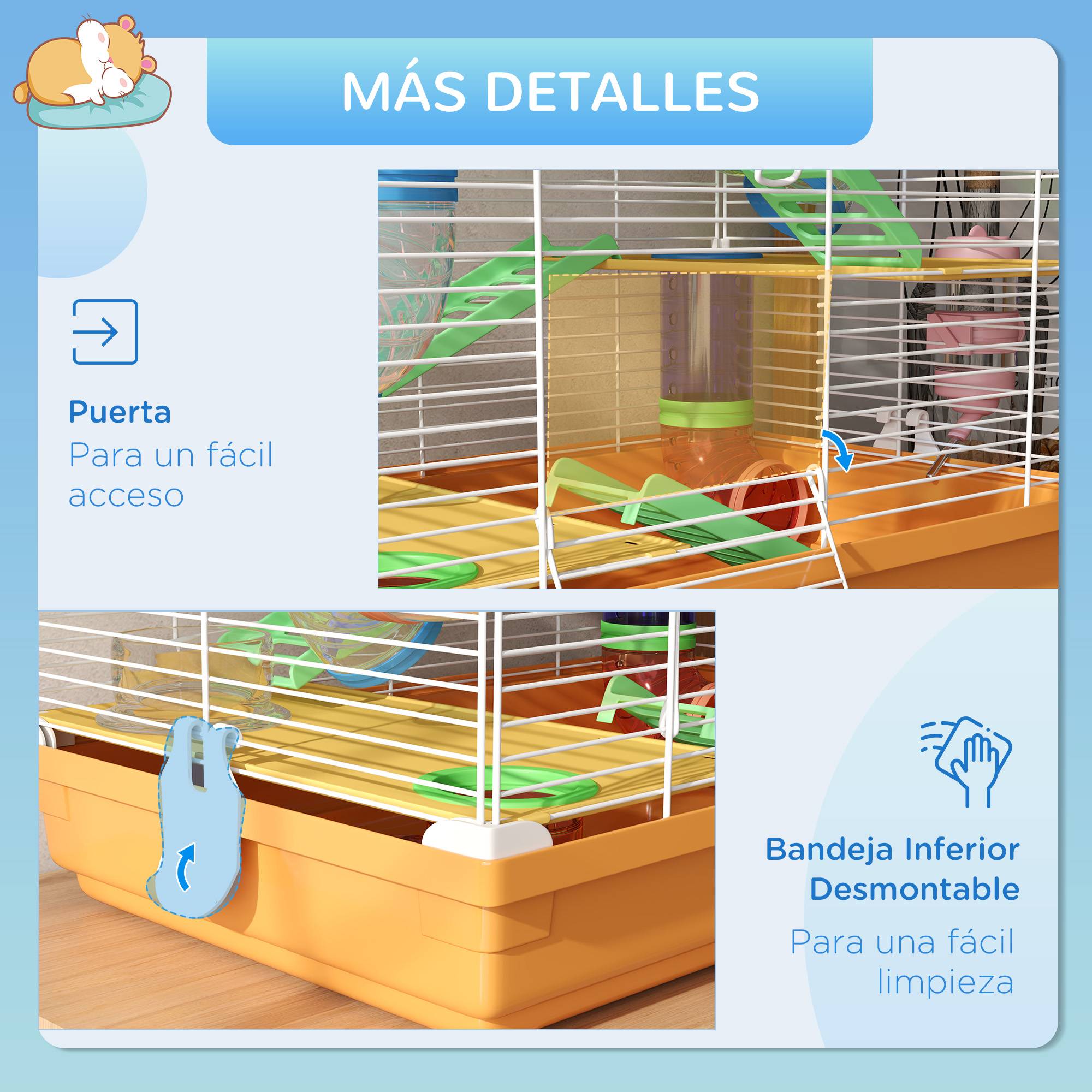 Cage pour hamster avec tunnel, plateformes, gamelle, biberon, maisonnette, rampes et roue d'exercice, 46 x 30 x 58 cm, orange - Image 9