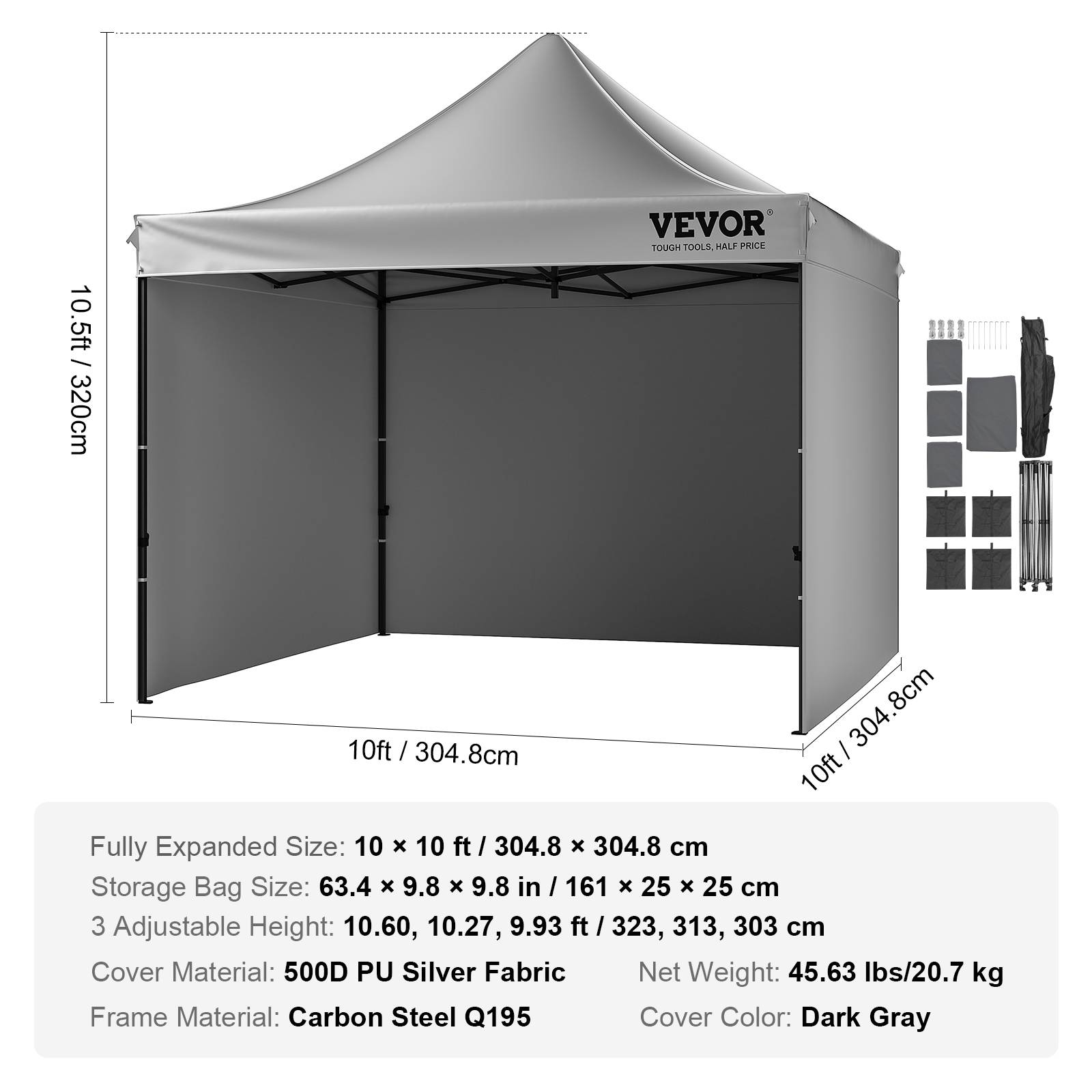 Vevor - VEVOR Tonnelle pop-up 3x3m, parois latérales amovibles, résistante UV/pluie, sac à roulettes, gris foncé. - Image 7