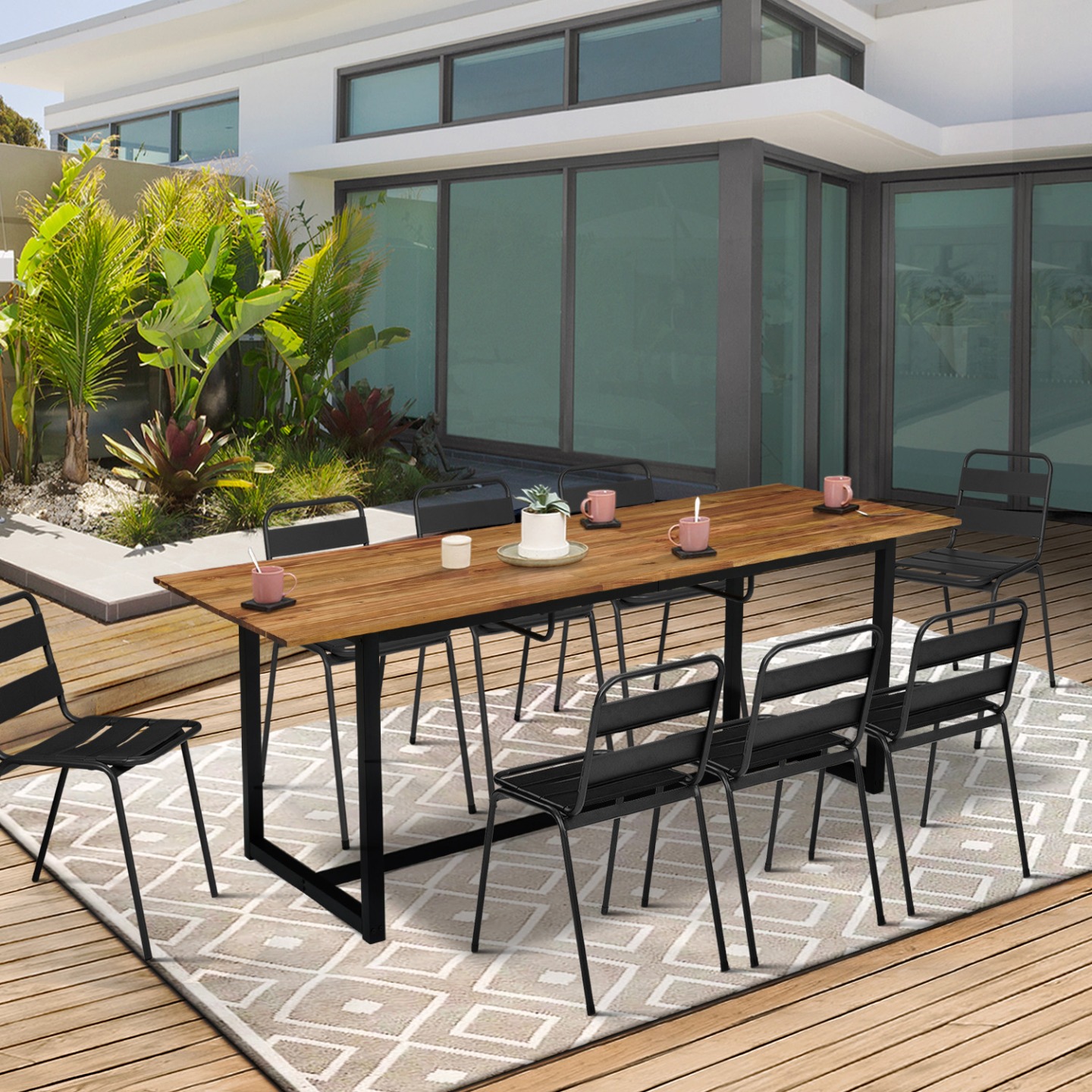 Salon de jardin extensible SOHO 8/10 places table 160/200 cm acier + acacia et 8 chaises empilables noires - Image 2