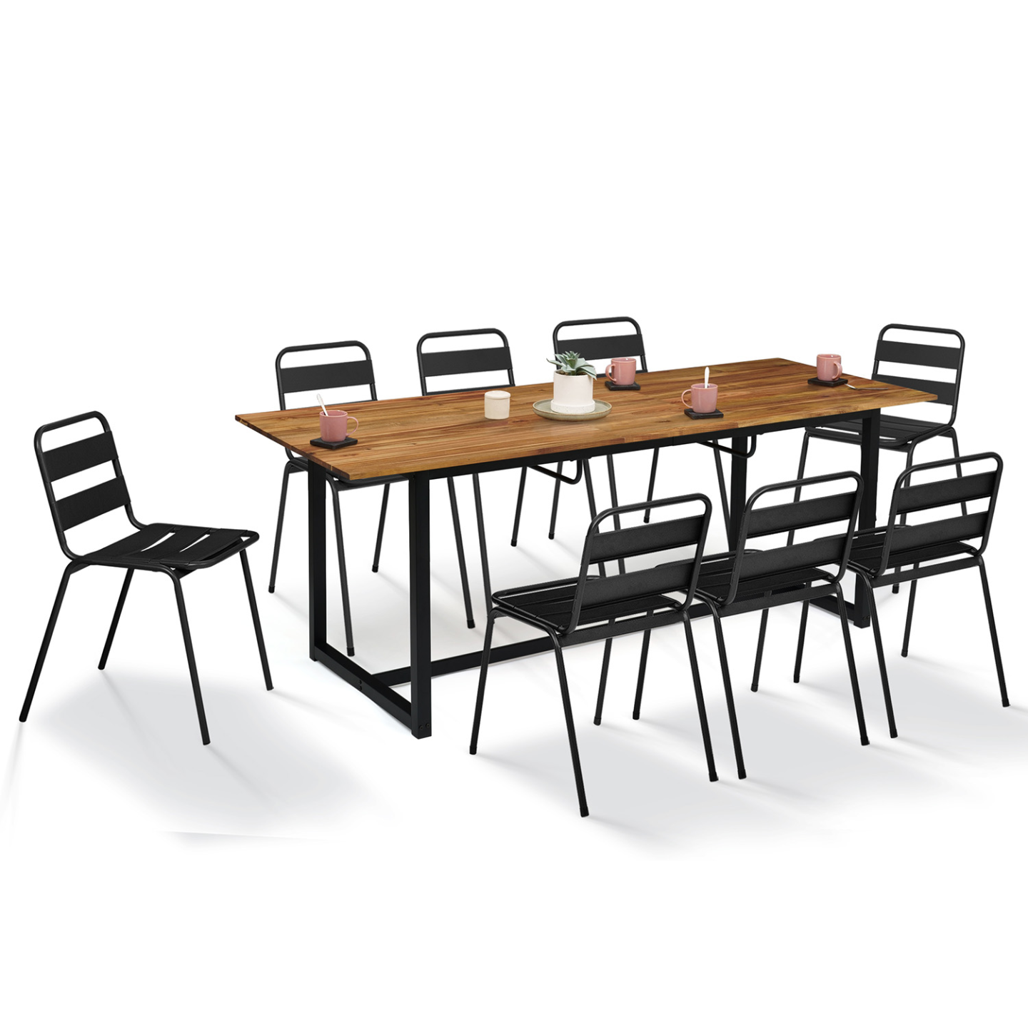 Salon de jardin extensible SOHO 8/10 places table 160/200 cm acier + acacia et 8 chaises empilables noires - Image 1
