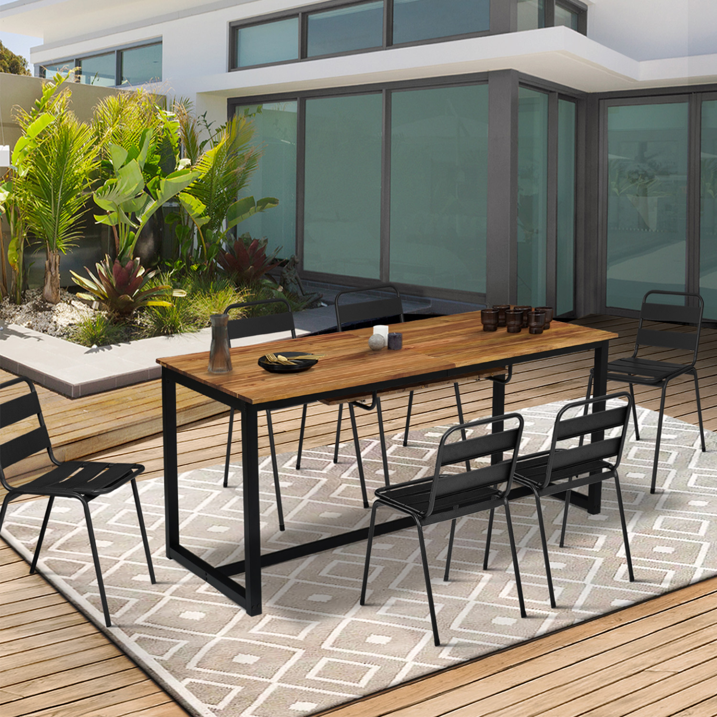 Salon de jardin extensible SOHO 8/10 places table 160/200 cm acier + acacia et 8 chaises empilables noires - Image 8