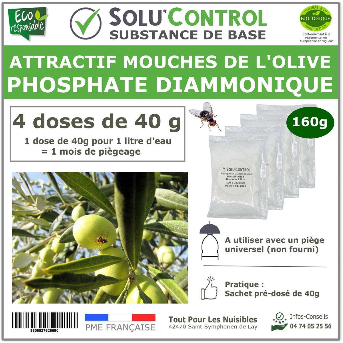 SOLU'CONTROL - Phosphate Diammonique, appât naturel contre la mouche de l'olive - Sachet de 160g