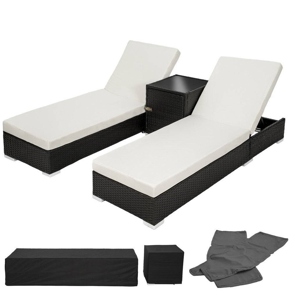 Helloshop26 - Lot de deux chaises longue bain de soleil en résine tressé poly rotin noir + table + deux set de housses + housse de protection - Imagen 1