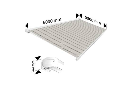 Ombrazur - Store banne Coffre intégral PROTECT2 LED SMART Blanc 5x3,5m Motorisé à télécommande +Capteur Vent +Eclairage LED - Toile Grise Rayée - Imagen 4