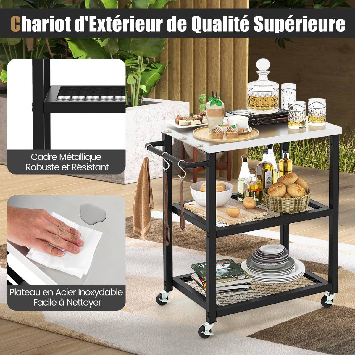 Chariot de Service d'Extérieur Desserte de Jardin à 3 Étagères avec 3 Crochets 72,5 x 41 x 81 cm Noir - Imagen 9