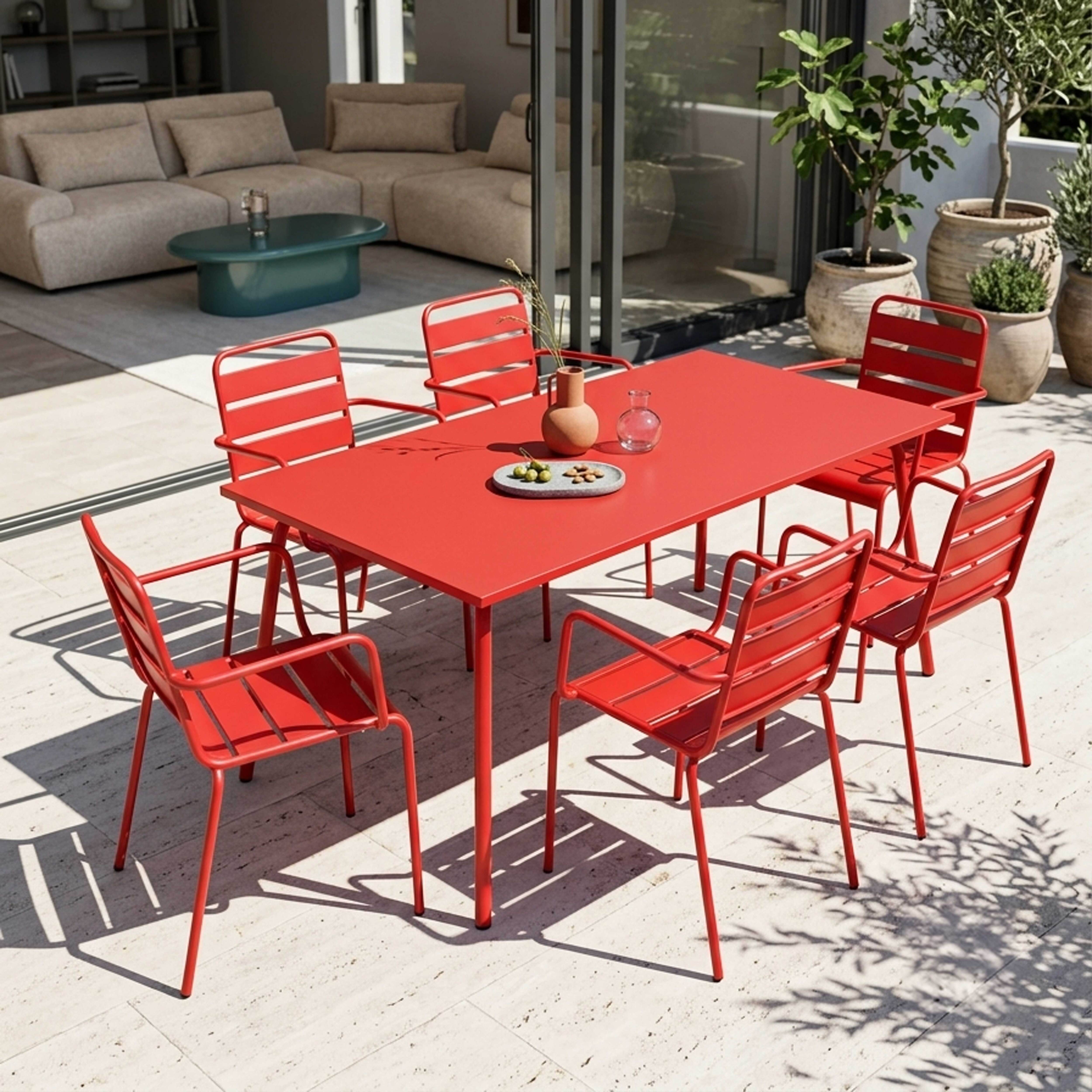 Oviala - Ensemble table de jardin et 6 fauteuils en métal rouge Palavas - Oviala - Imagen 2