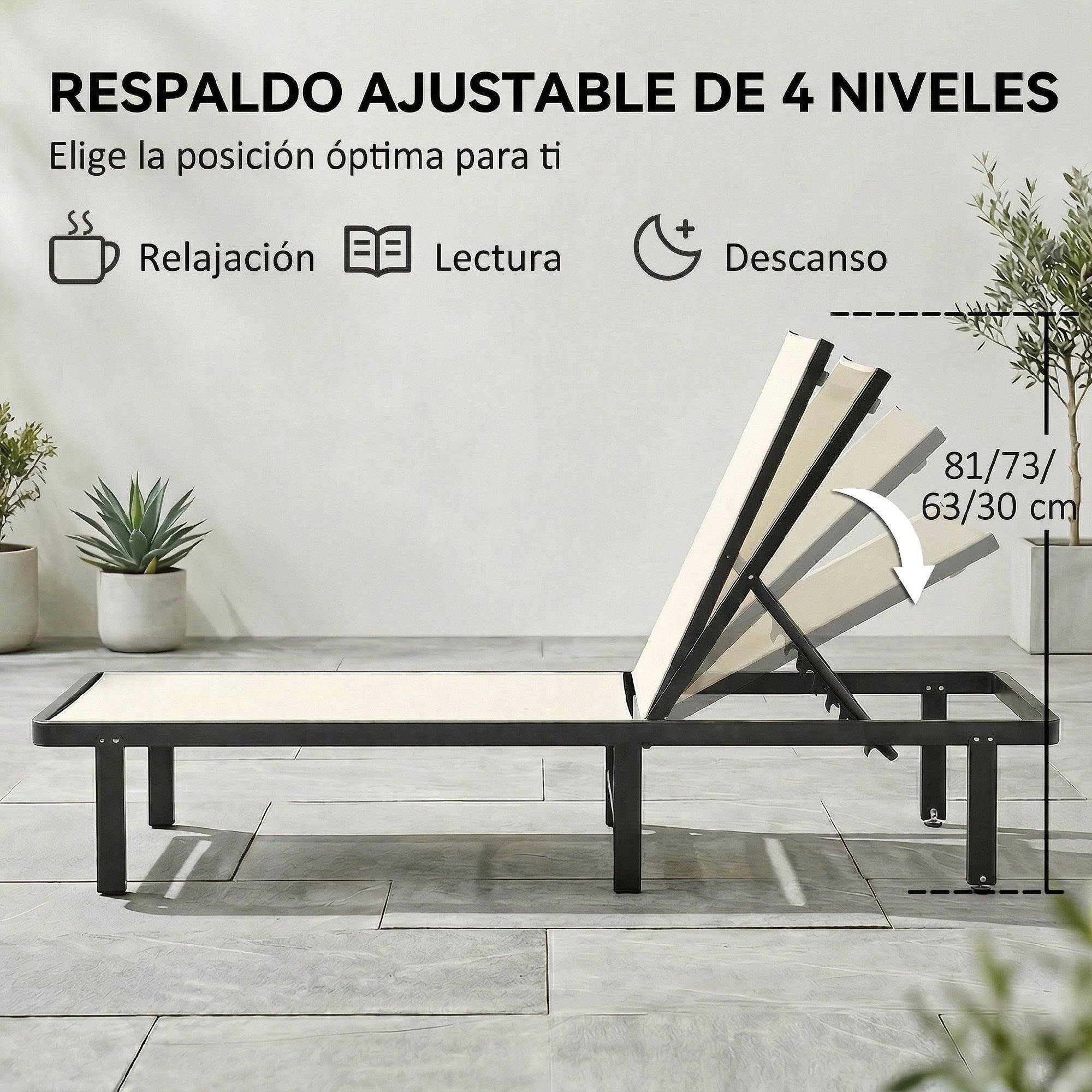 Ensemble de 2 chaises longues inclinables à roulettes, dossier réglable (4 positions), structure en aluminium, tissu textilène beige - Image 6