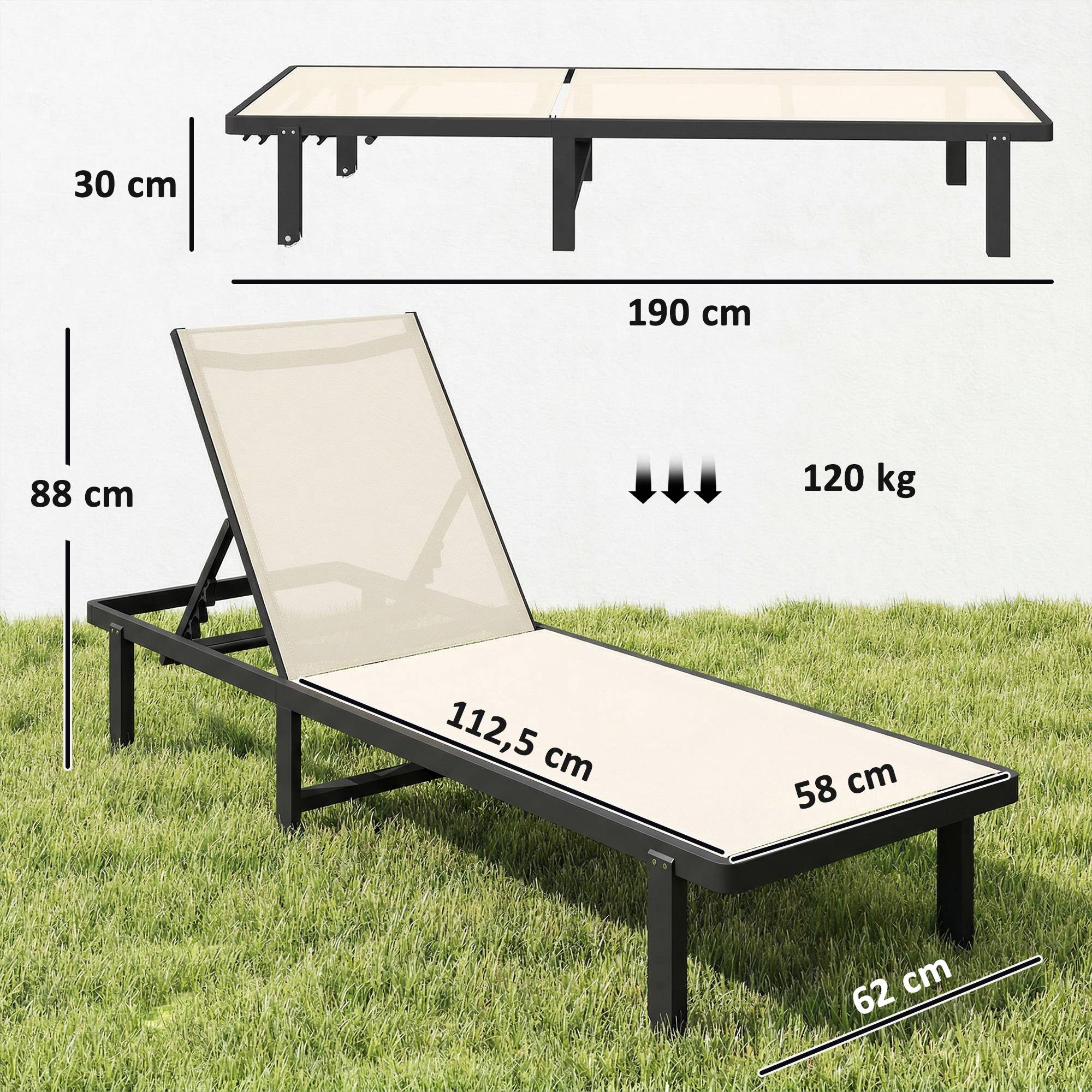 Ensemble de 2 chaises longues inclinables à roulettes, dossier réglable (4 positions), structure en aluminium, tissu textilène beige - Image 5