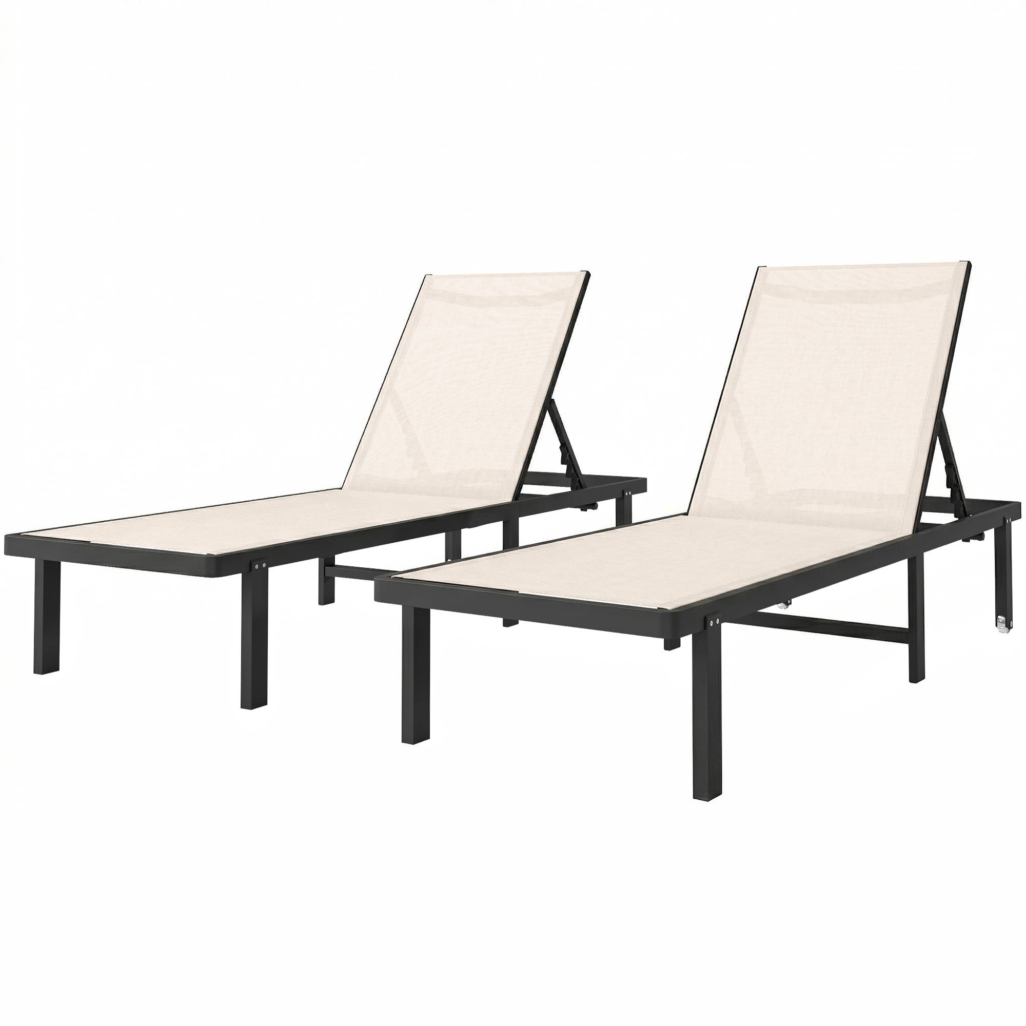 Ensemble de 2 chaises longues inclinables à roulettes, dossier réglable (4 positions), structure en aluminium, tissu textilène beige - Image 1