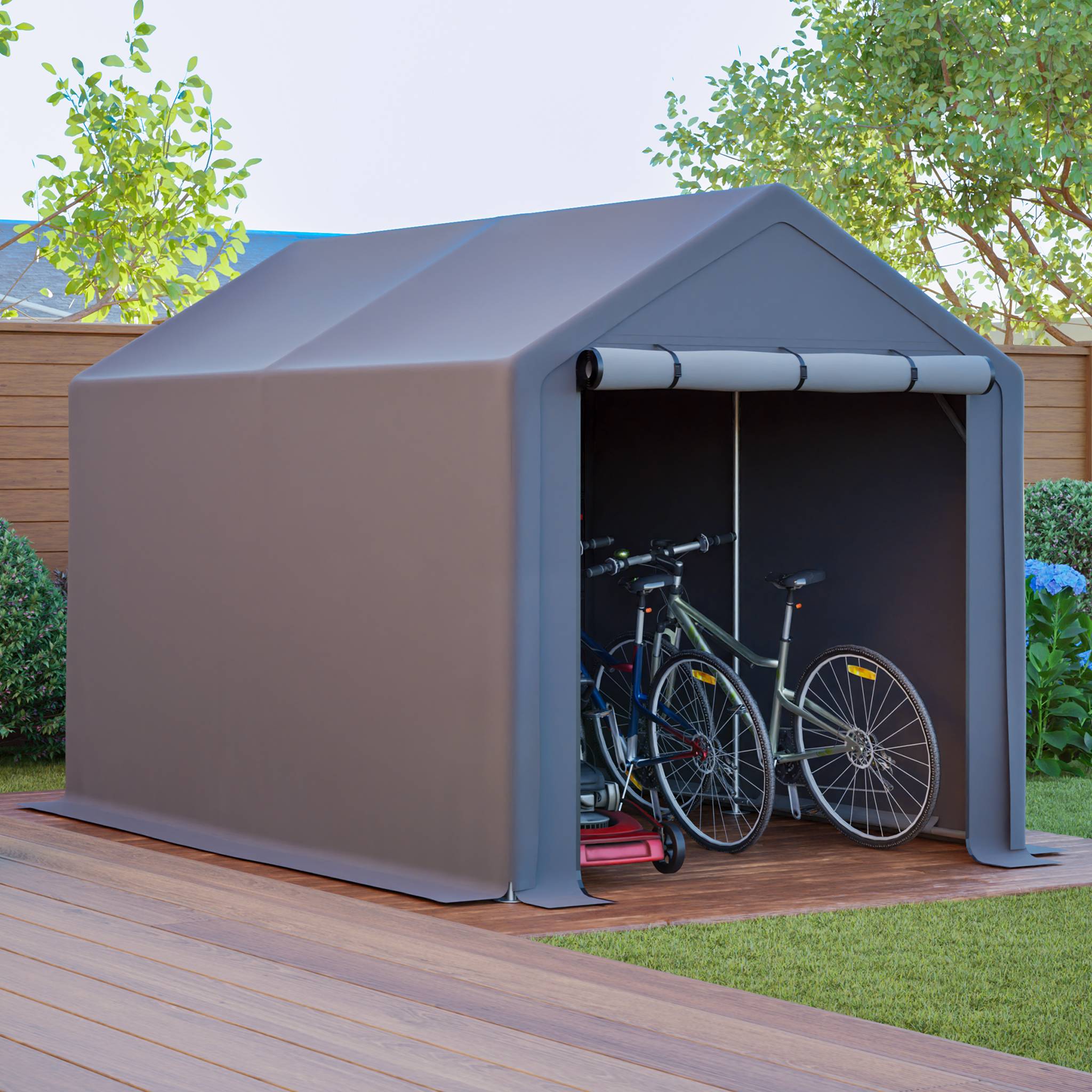 Carport vélo/stockage 296×190×200 cm, bâche imperméable anti-UV, acier galvanisé gris