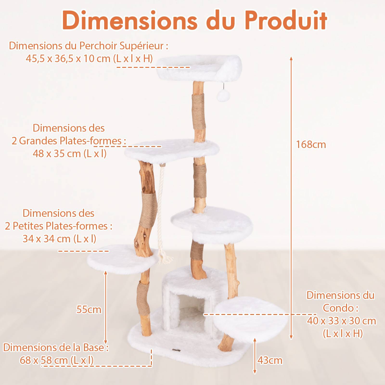 Costway - Arbre a Chat XXL 168 cm, 5 Plateformes, 3 Poteaux à Griffer en Jute, Condo, Bois de Poirier, Tissu Pelucheux Long, 68 × 58 × 168 cm - Image 1