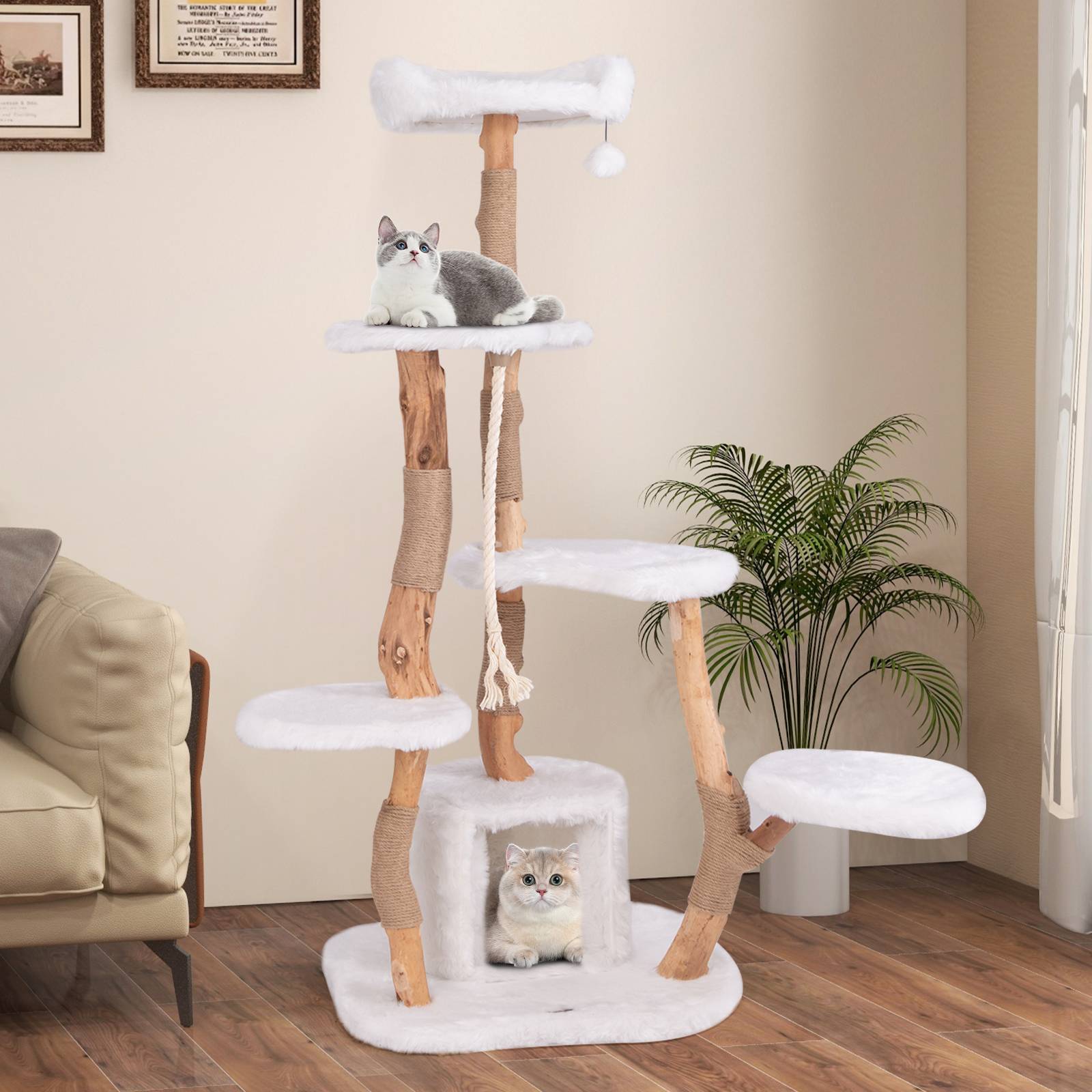 Costway - Arbre a Chat XXL 168 cm, 5 Plateformes, 3 Poteaux à Griffer en Jute, Condo, Bois de Poirier, Tissu Pelucheux Long, 68 × 58 × 168 cm - Image 6