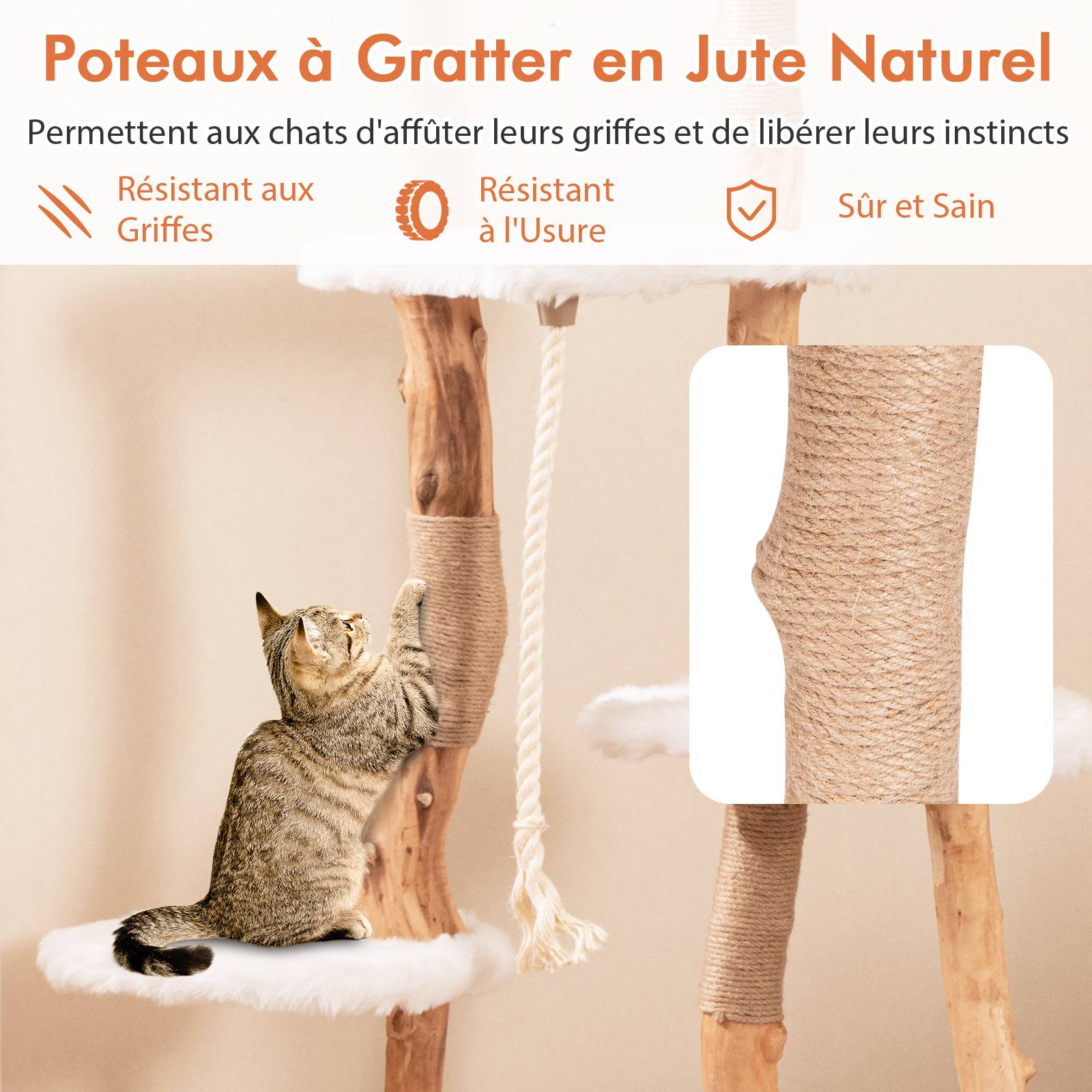 Costway - Arbre a Chat XXL 168 cm, 5 Plateformes, 3 Poteaux à Griffer en Jute, Condo, Bois de Poirier, Tissu Pelucheux Long, 68 × 58 × 168 cm - Image 5