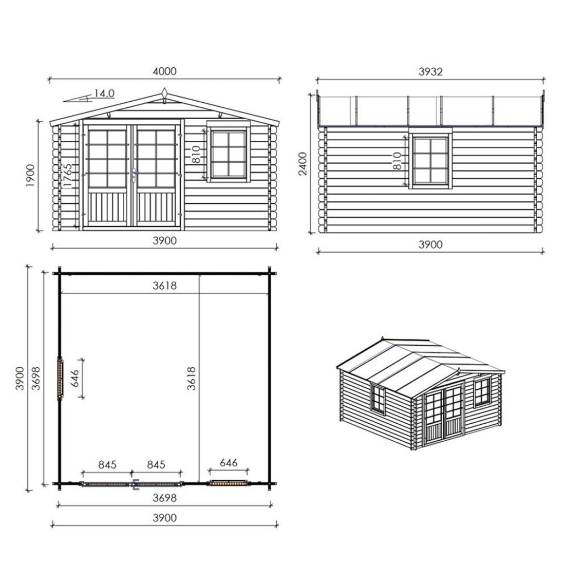 Altanka - Abri de jardin en bois - 15.21m2 - 3.9x3.9m - Ep. 40mm - Couleur: naturel - DOM658 - ALTANKA - Image 4