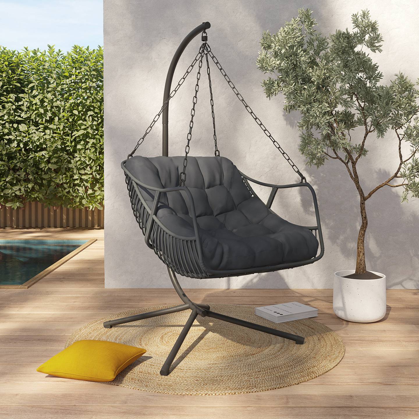 IDMARKET - Fauteuil suspendu relax LOA ajouré effet rotin gris avec coussin gris - Image 1