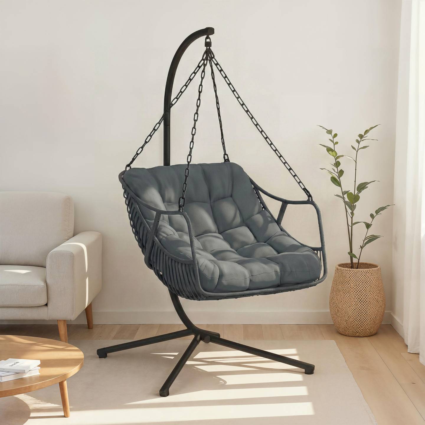 IDMARKET - Fauteuil suspendu relax LOA ajouré effet rotin gris avec coussin gris - Image 3
