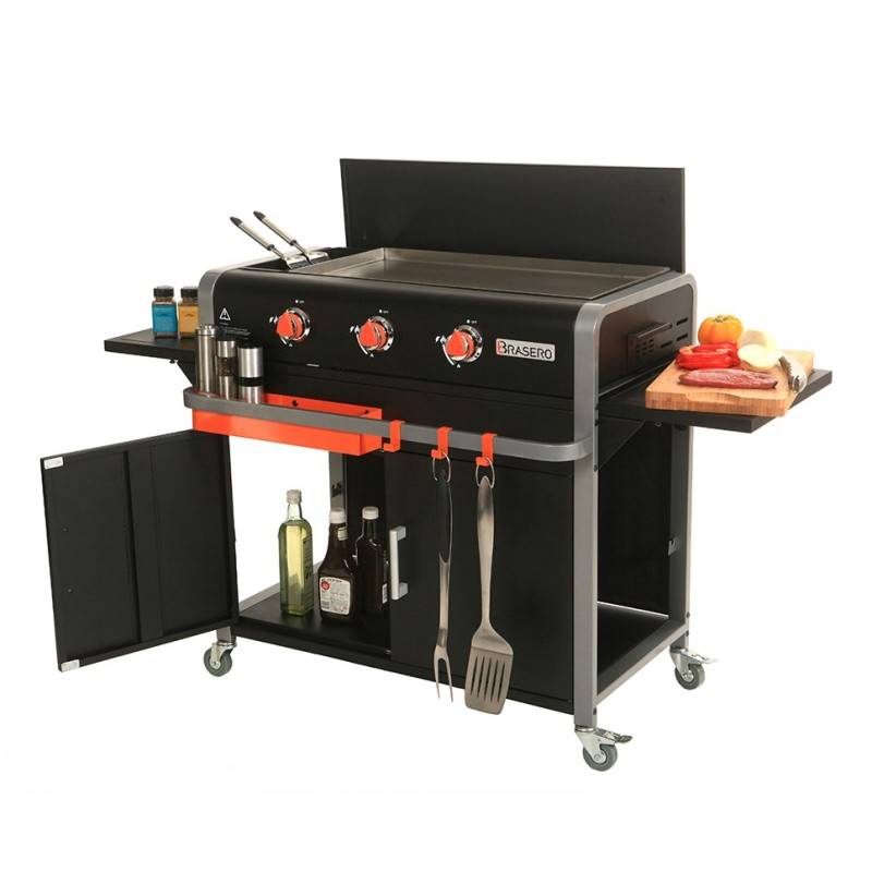 Brasero - Plancha Lola sur chariot - BRASERO - 3 feux à gaz - Plaque de cuisson Inox - 68,5 x 35,50 cm - 7,2 KW - Imagen 4