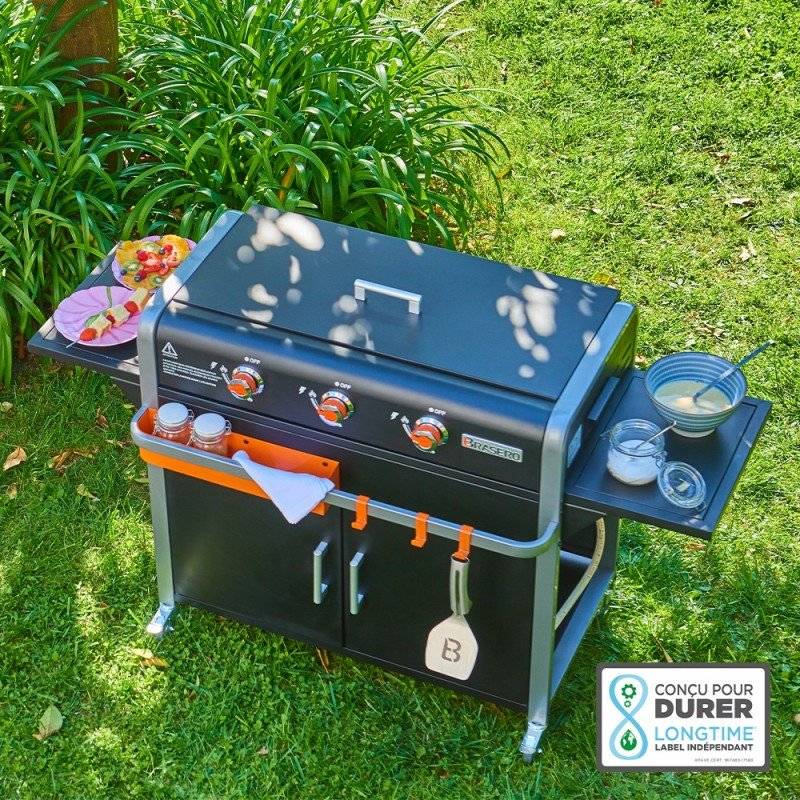 Brasero - Plancha Lola sur chariot - BRASERO - 3 feux à gaz - Plaque de cuisson Inox - 68,5 x 35,50 cm - 7,2 KW - Imagen 2
