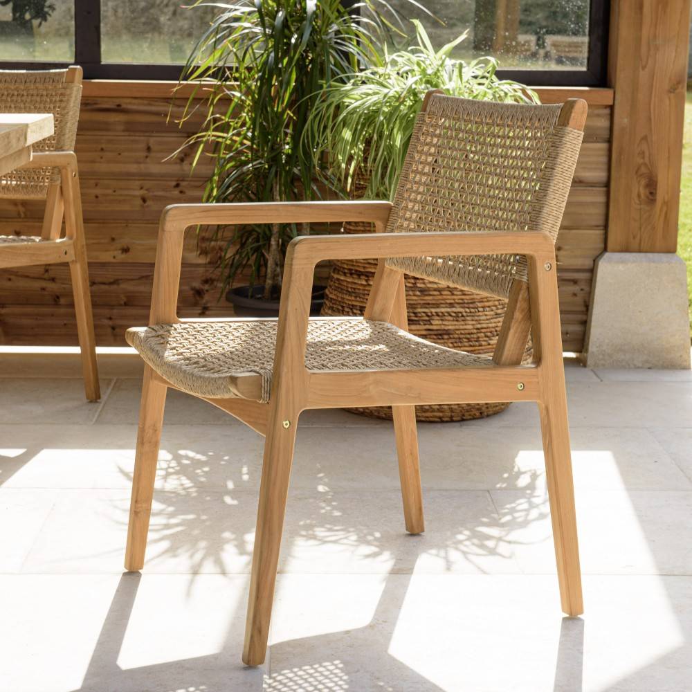 Macabane - VALERIA - Lot de 2 fauteuils jardin en bois teck naturel rotin beige - Imagen 5